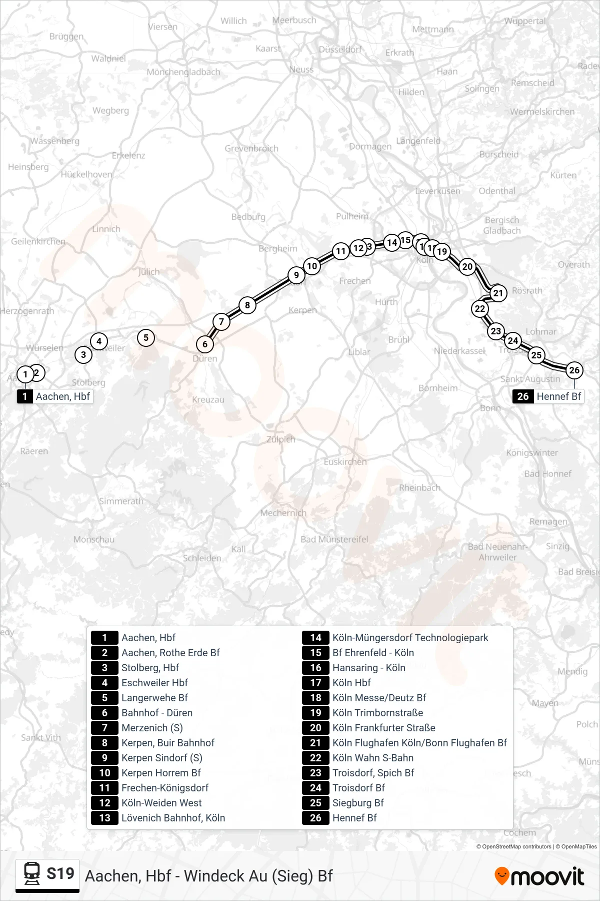 Linie S19 (Bahn) Richtung Hennef Bf: Route und Haltestellen auf der Karte
