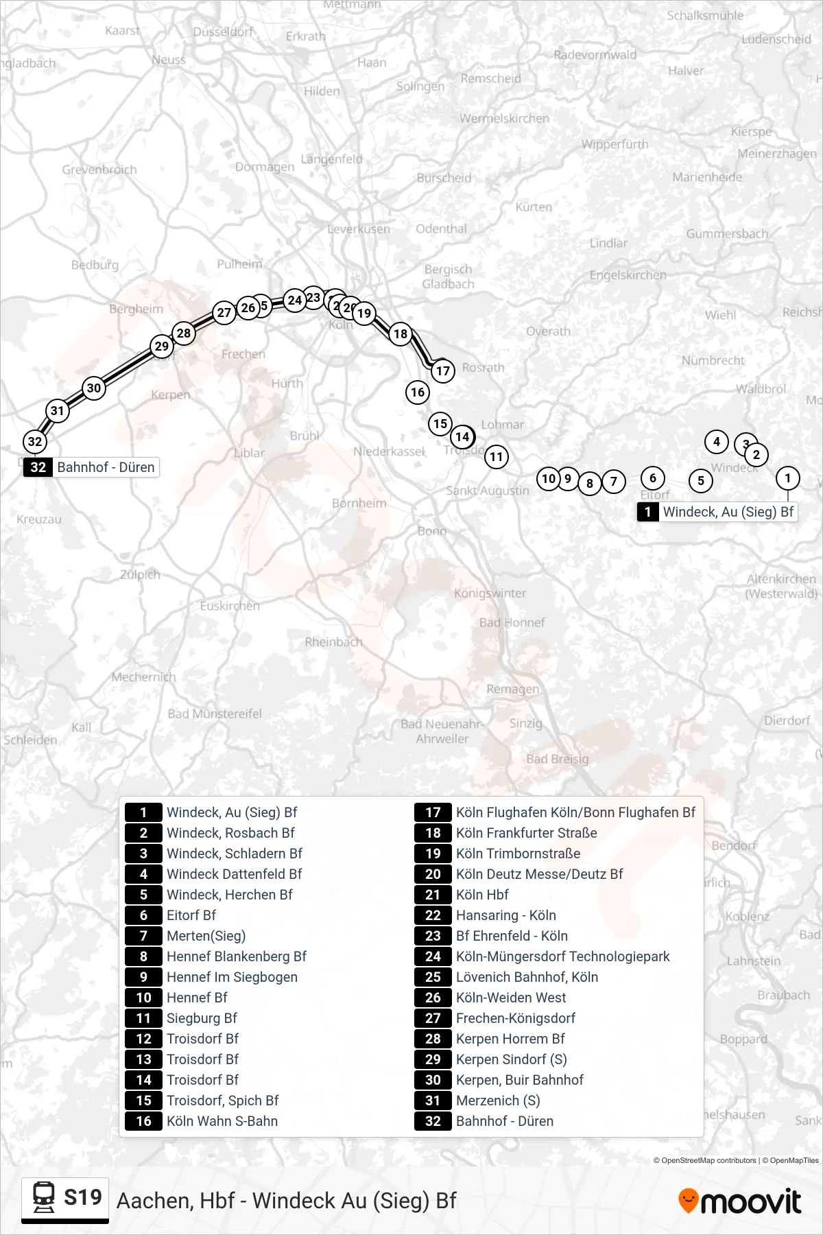 Linie S19 (Bahn) Richtung Düren, Bf: Route und Haltestellen auf der Karte