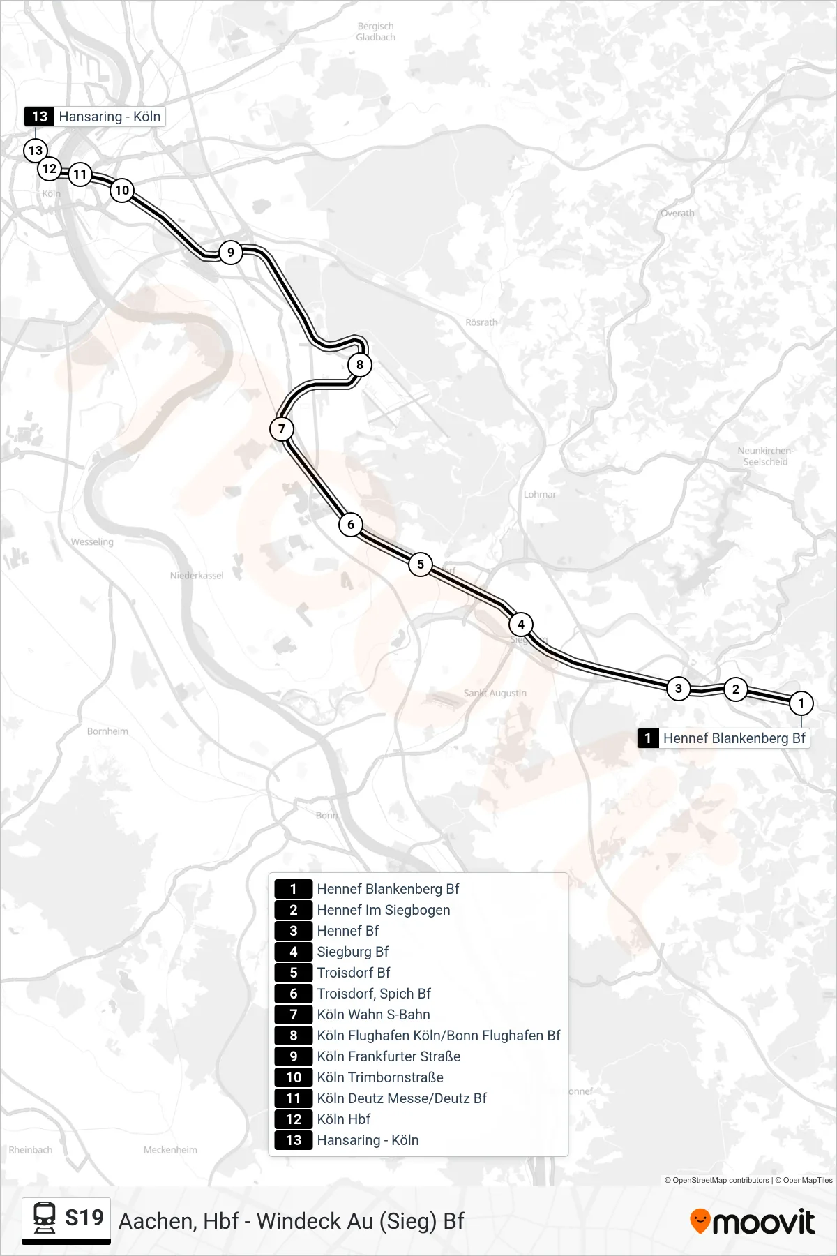 Linie S19 (Bahn) Richtung Köln Hansaring: Route und Haltestellen auf der Karte