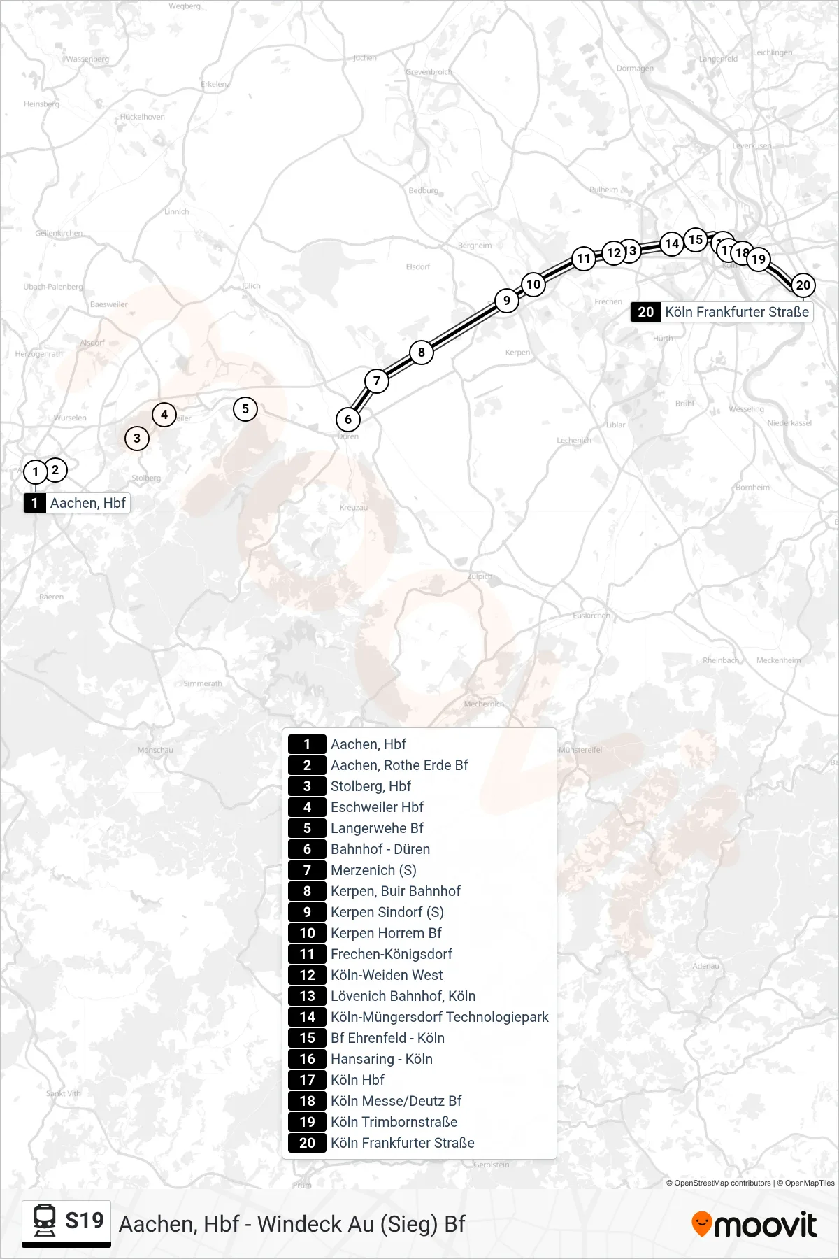 Linie S19 (Bahn) Richtung Köln Gremberghoven Frankfurter Str.: Route und Haltestellen auf der Karte
