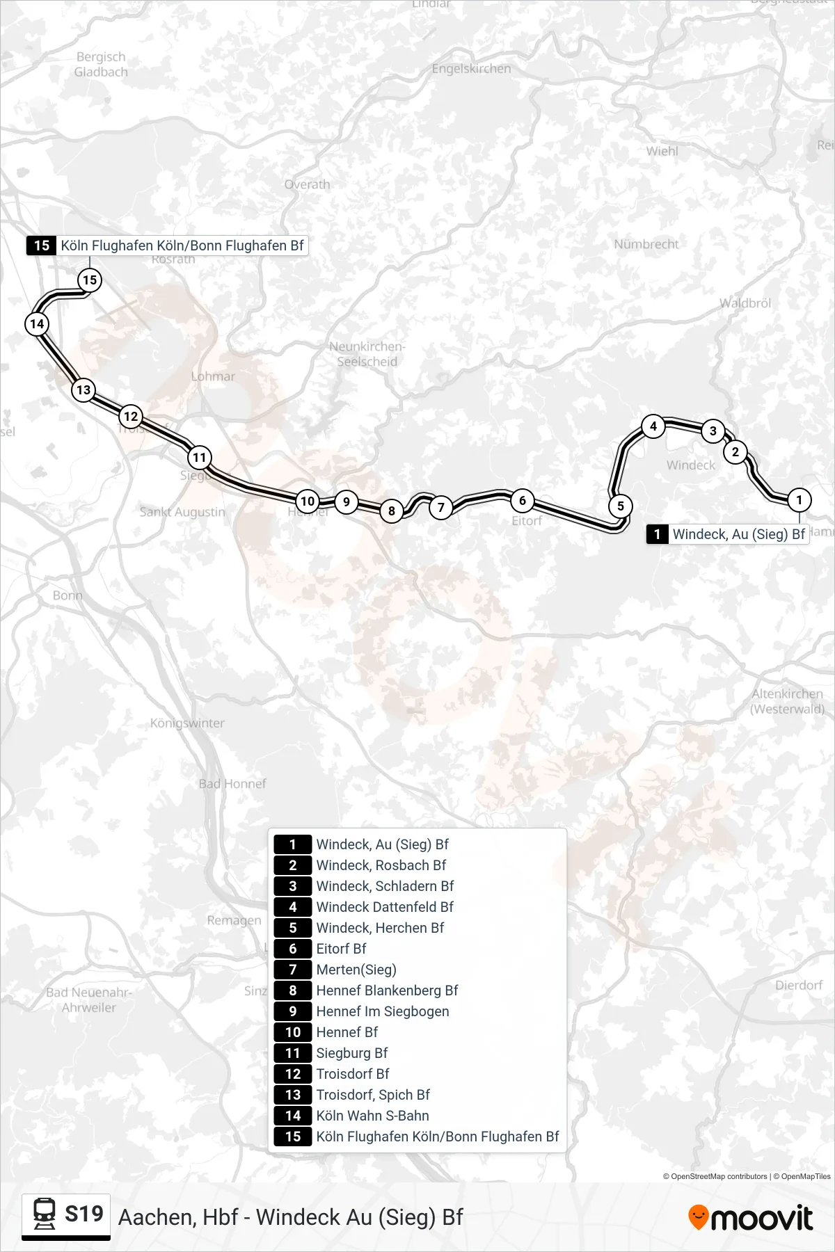 Linie S19 (Bahn) Richtung Flughafen Köln/Bonn Bf: Route und Haltestellen auf der Karte