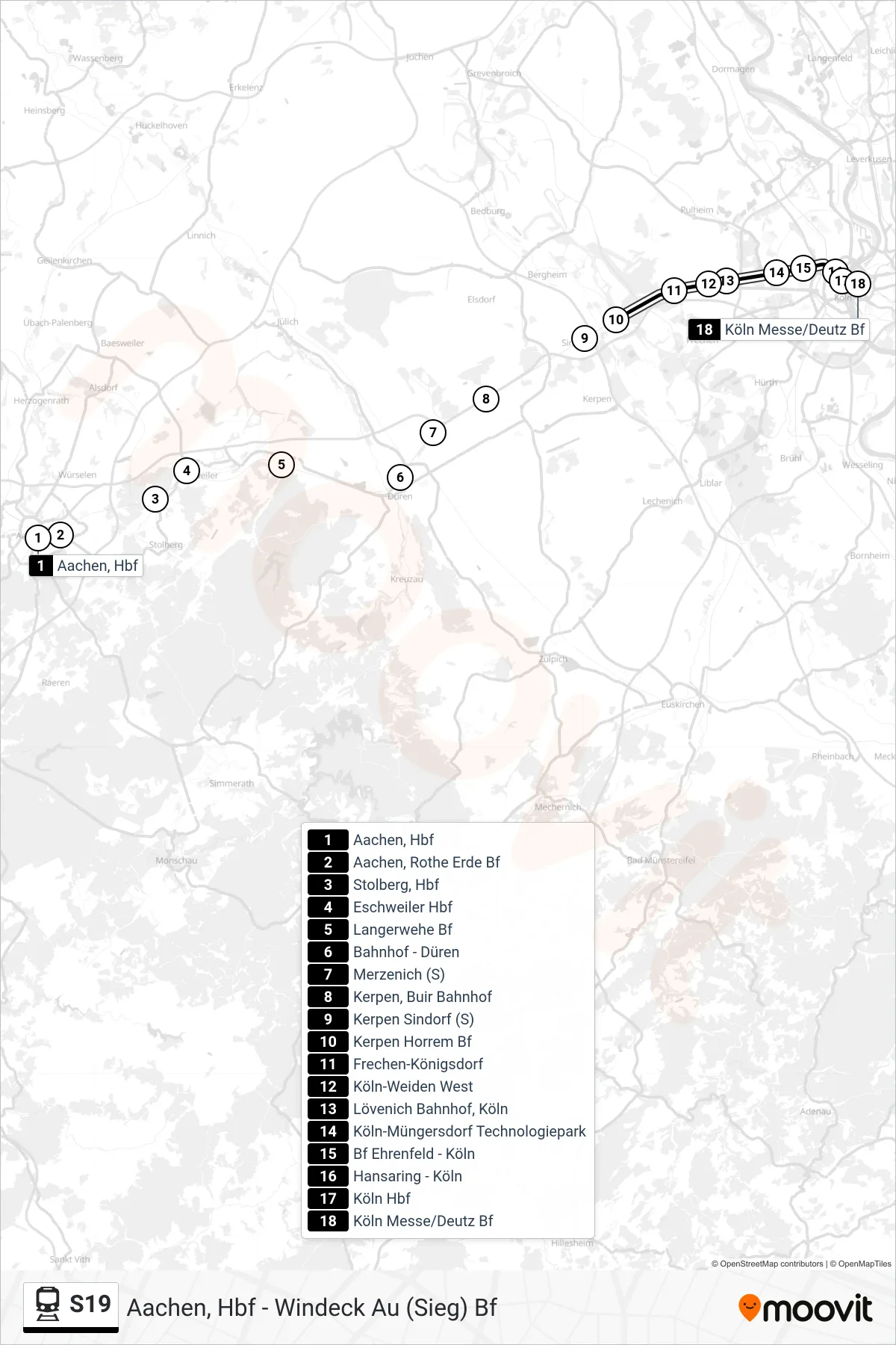 S19 train Line (Köln Messe/Deutz Bf) route and stops on a map