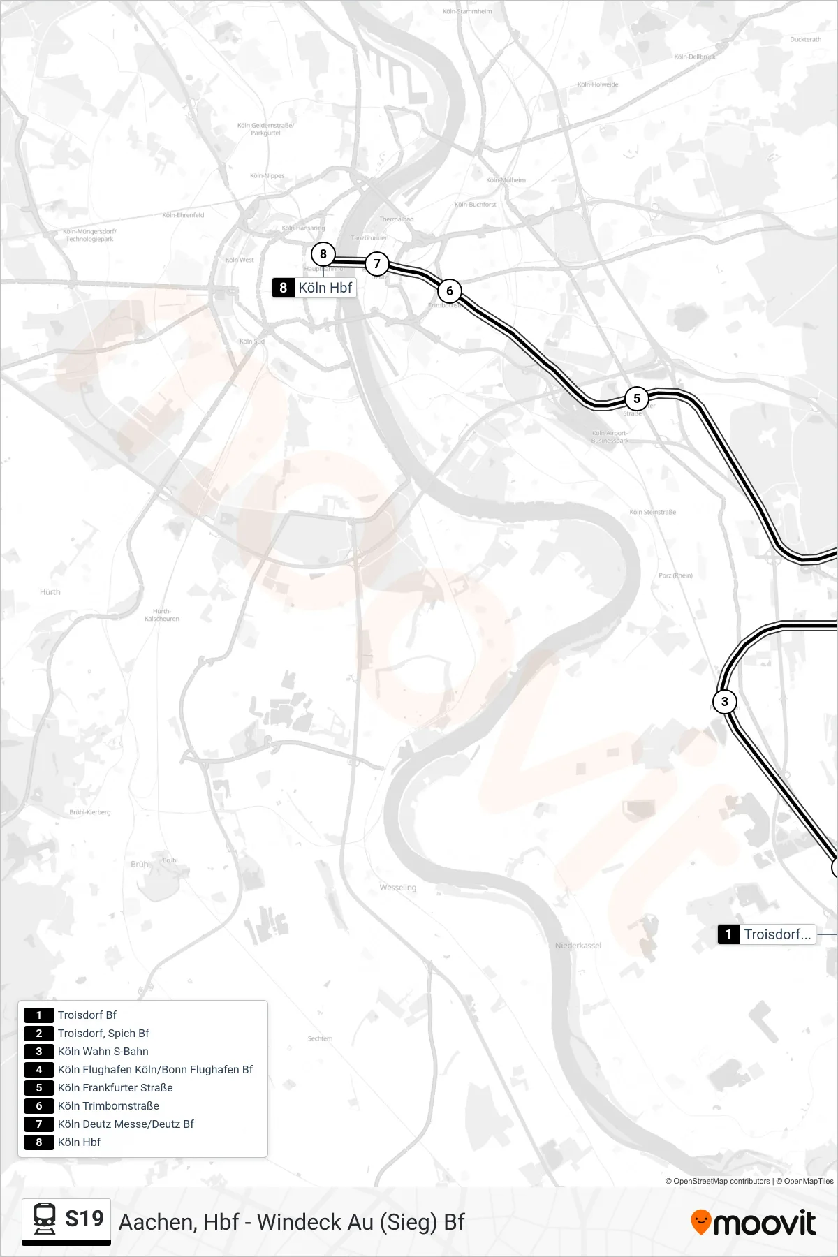Linie S19 (Bahn) Richtung Köln Hbf: Route und Haltestellen auf der Karte
