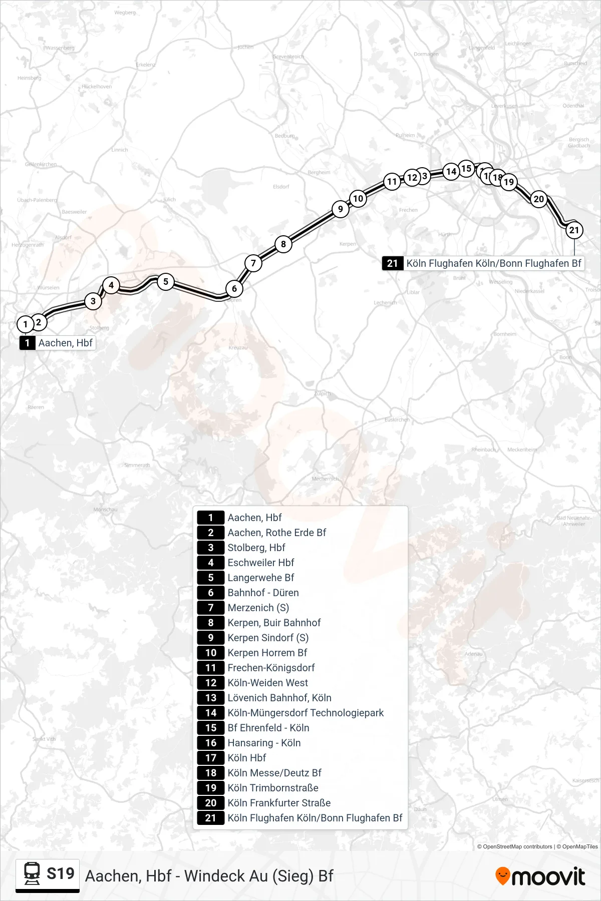 Linie S19 (Bahn) Richtung Flughafen Köln/Bonn Bf: Route und Haltestellen auf der Karte