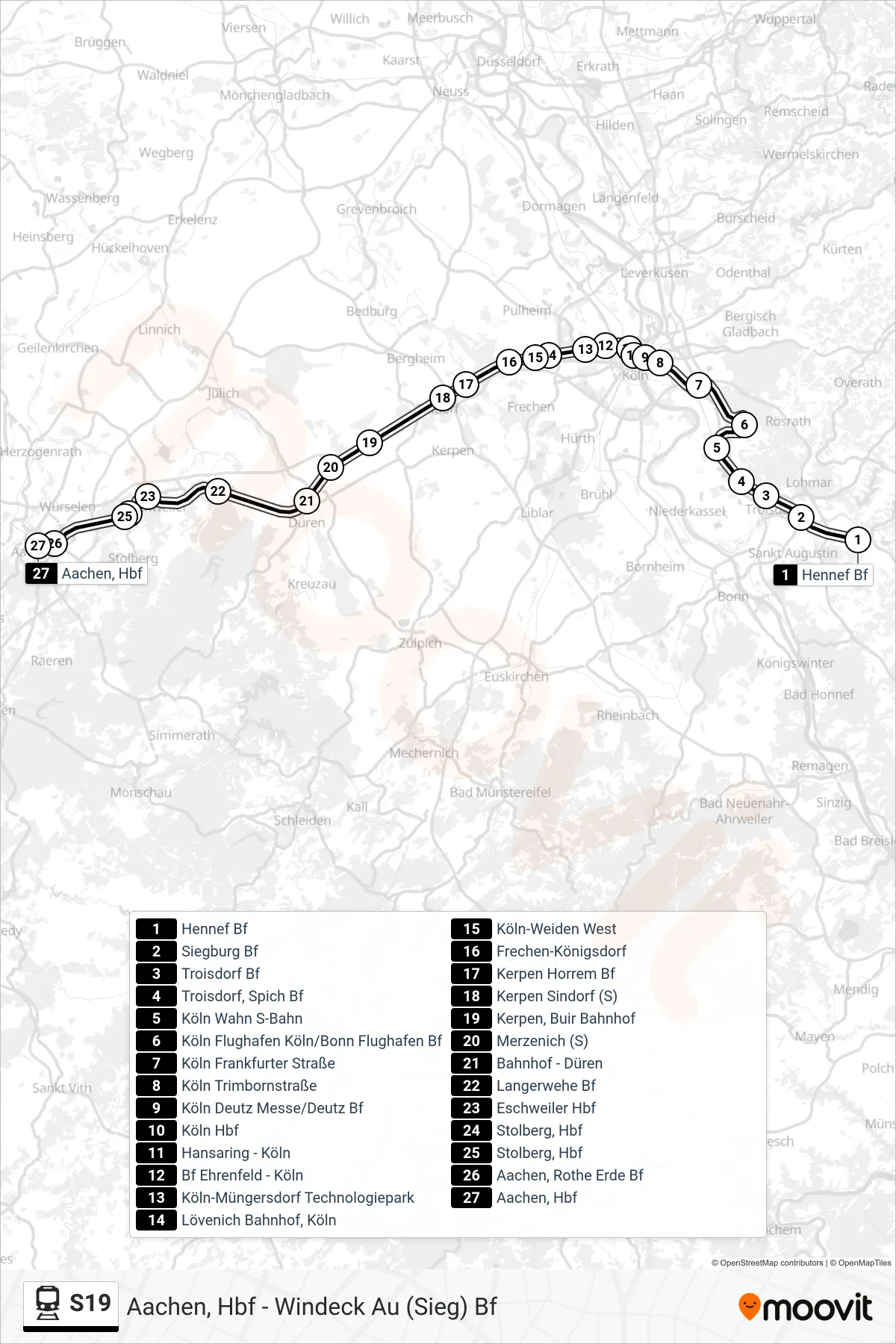 Linie S19 (Bahn) Richtung Aachen, Hbf: Route und Haltestellen auf der Karte