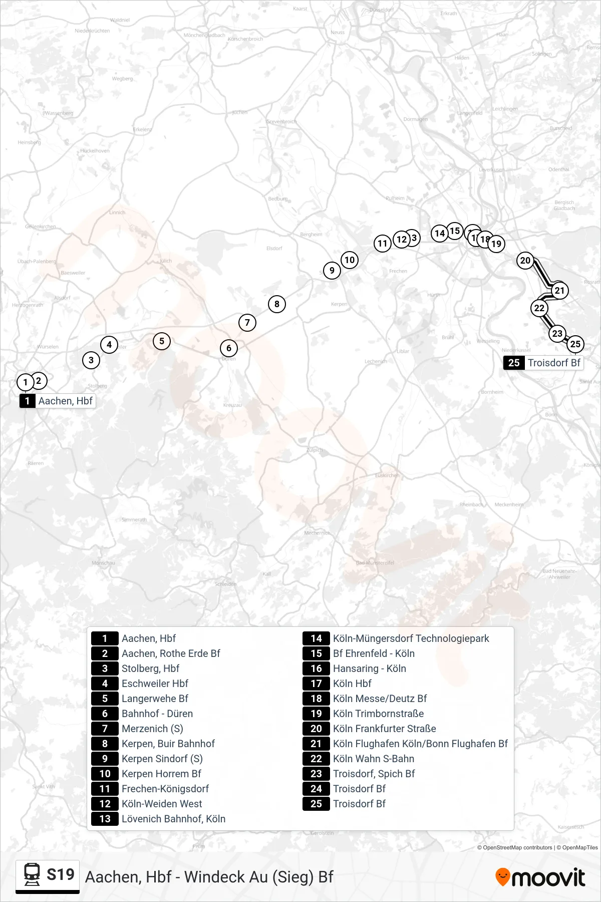 S19 train Line (Troisdorf Bf) route and stops on a map