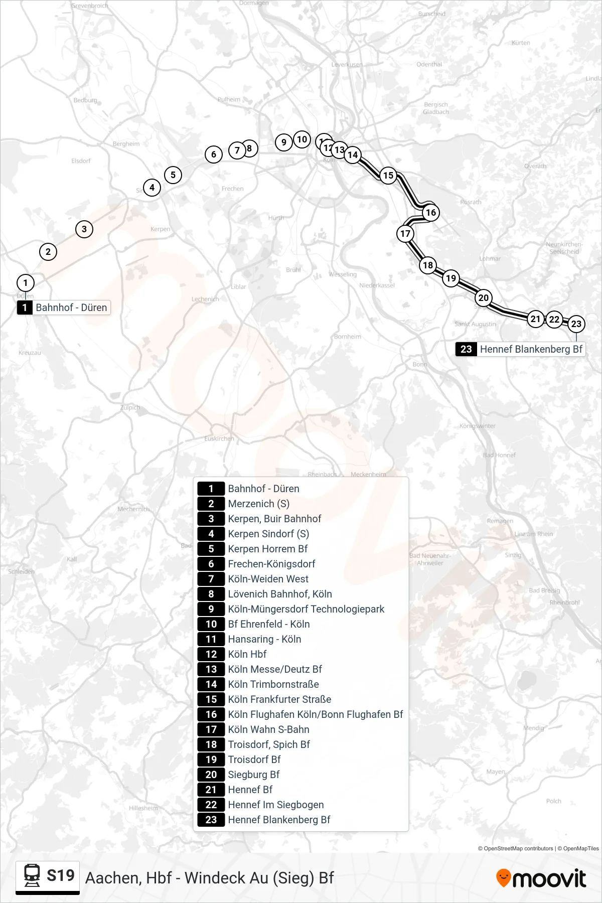 Linie S19 (Bahn) Richtung Hennef Blankenberg Bf: Route und Haltestellen auf der Karte