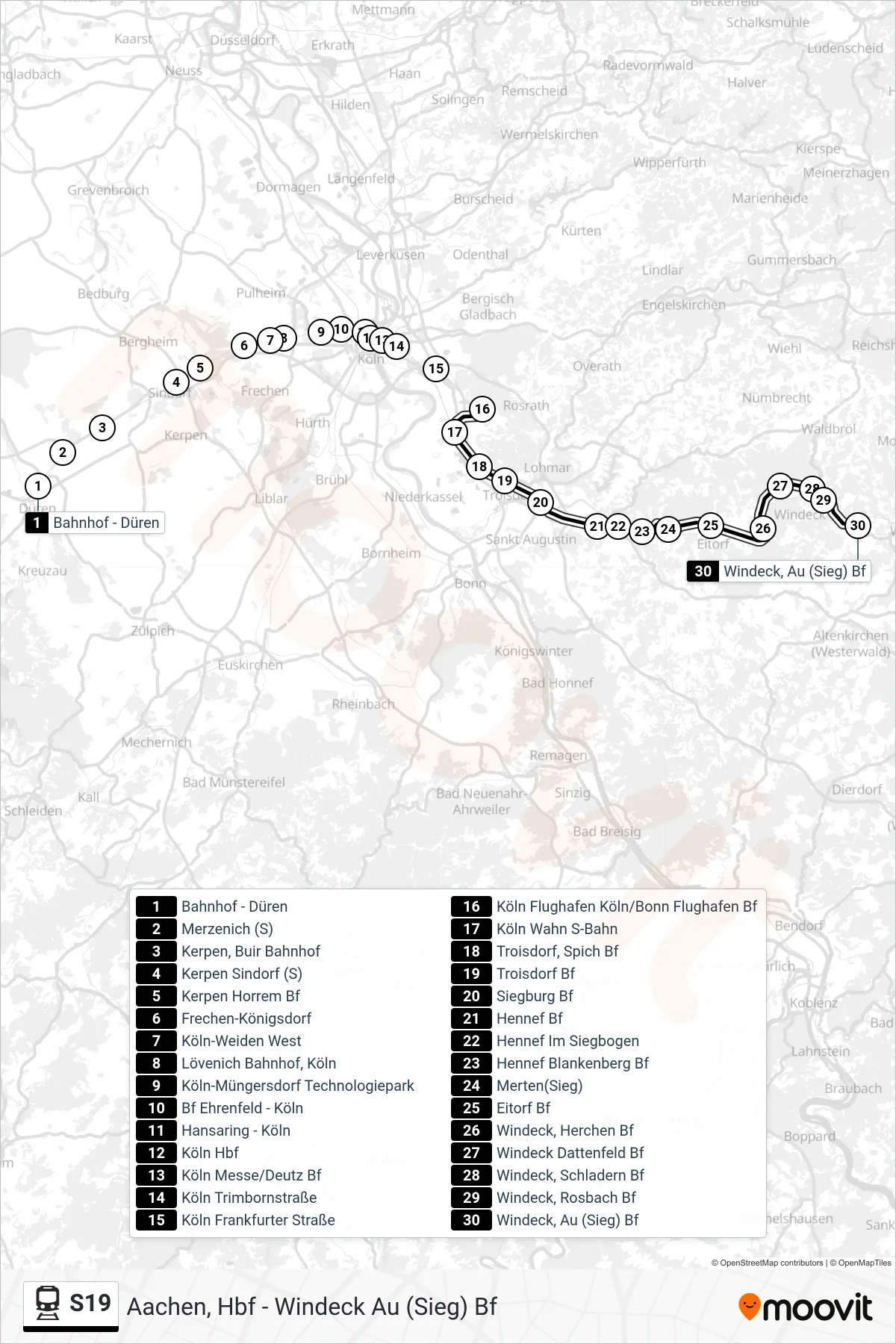 S19 train Line (Windeck Au (Sieg) Bf) route and stops on a map