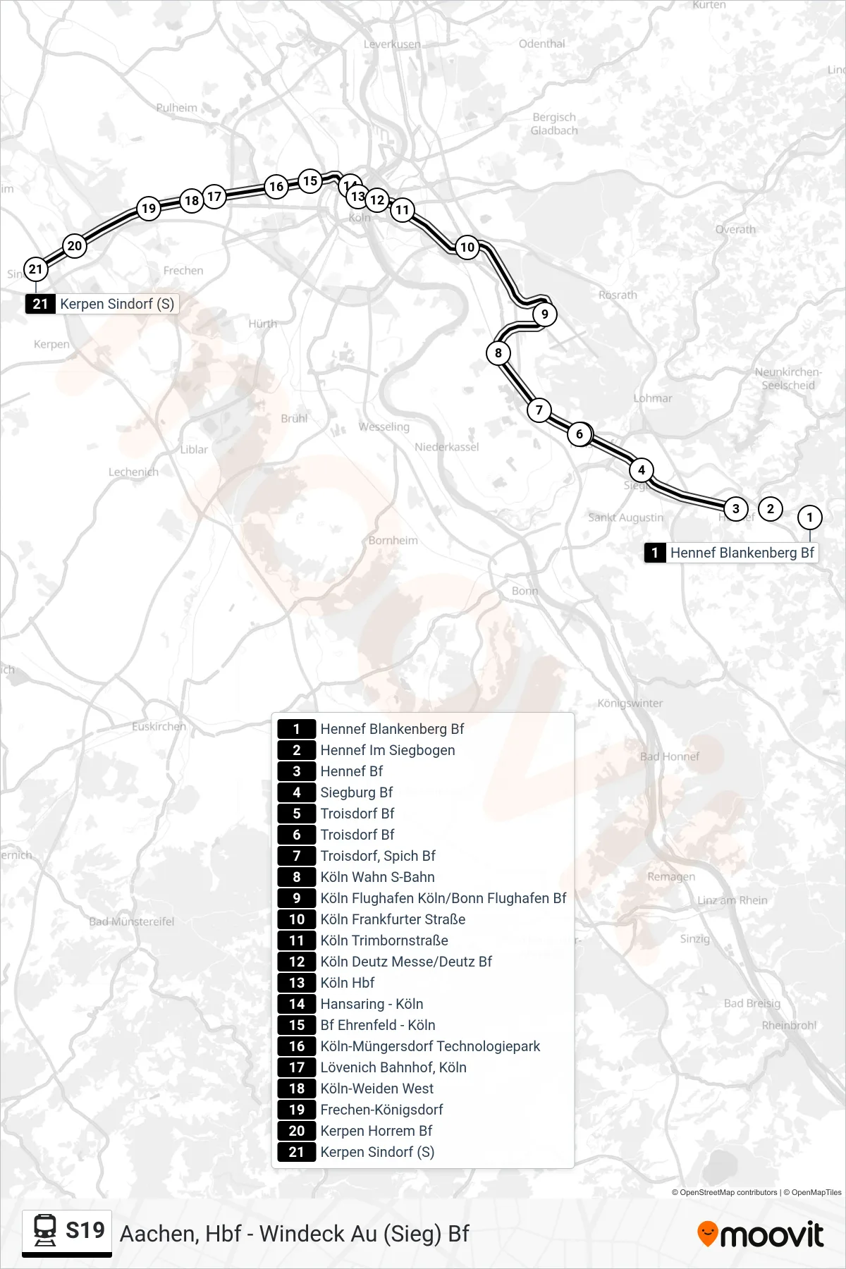 Linie S19 (Bahn) Richtung Kerpen Sindorf (S): Route und Haltestellen auf der Karte