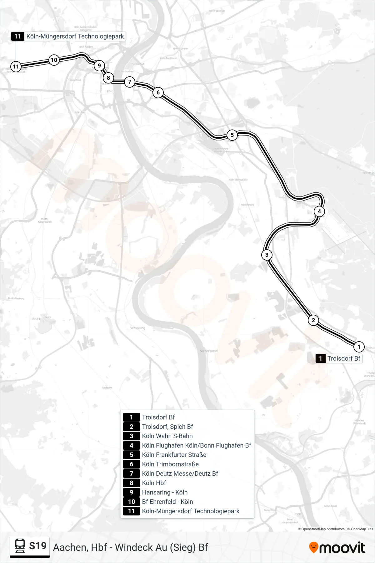 Linie S19 (Bahn) Richtung Köln Müngersdorf Technologiepark S-Bahn: Route und Haltestellen auf der Karte