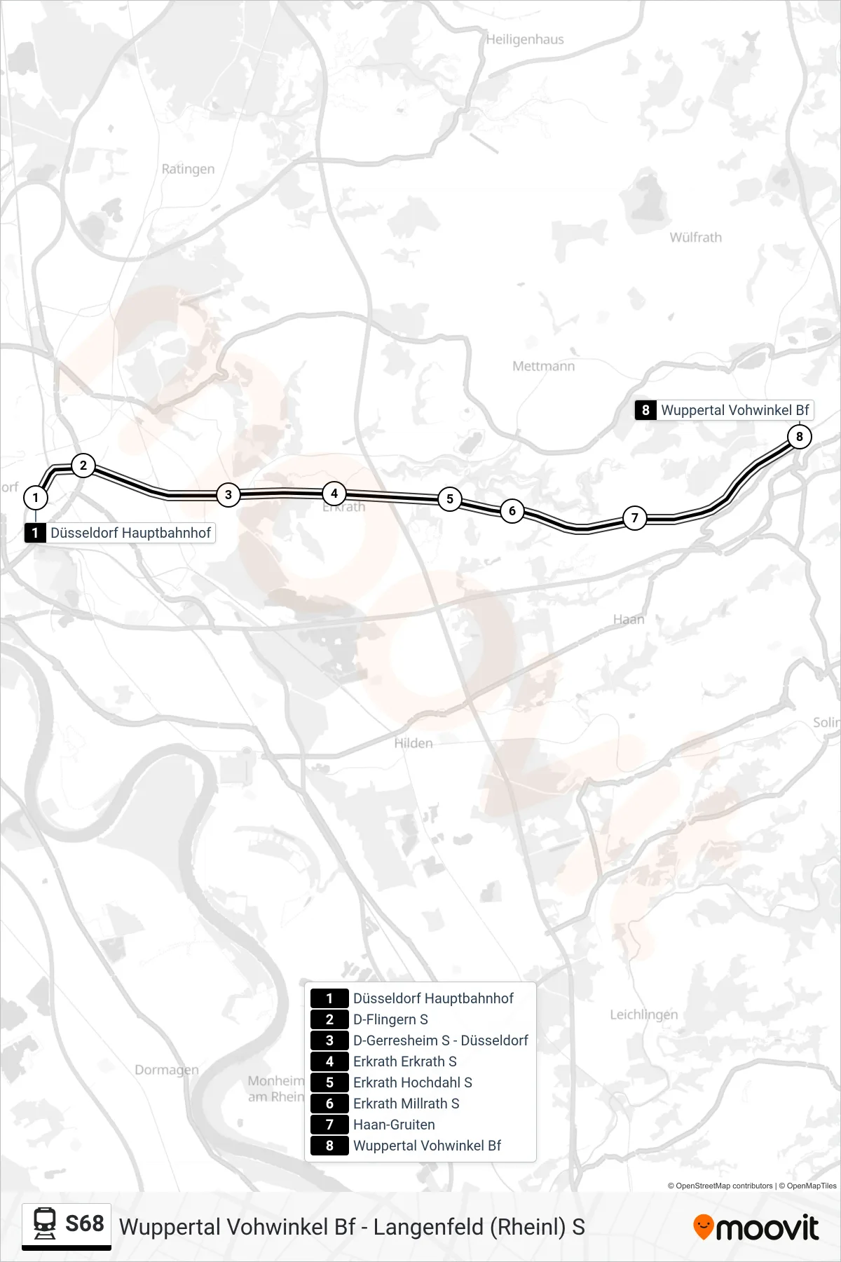Linie S68 (Bahn) Richtung Wuppertal Vohwinkel Bf: Route und Haltestellen auf der Karte