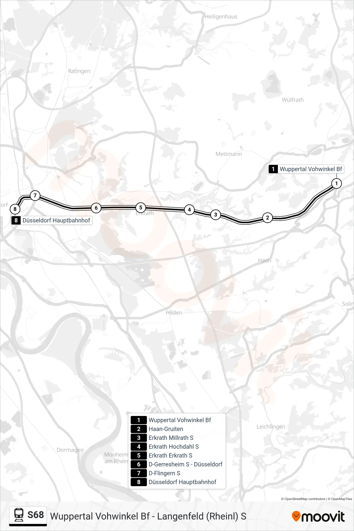 Linie S68 (Bahn) Richtung Düsseldorf Hbf: Route und Haltestellen auf der Karte