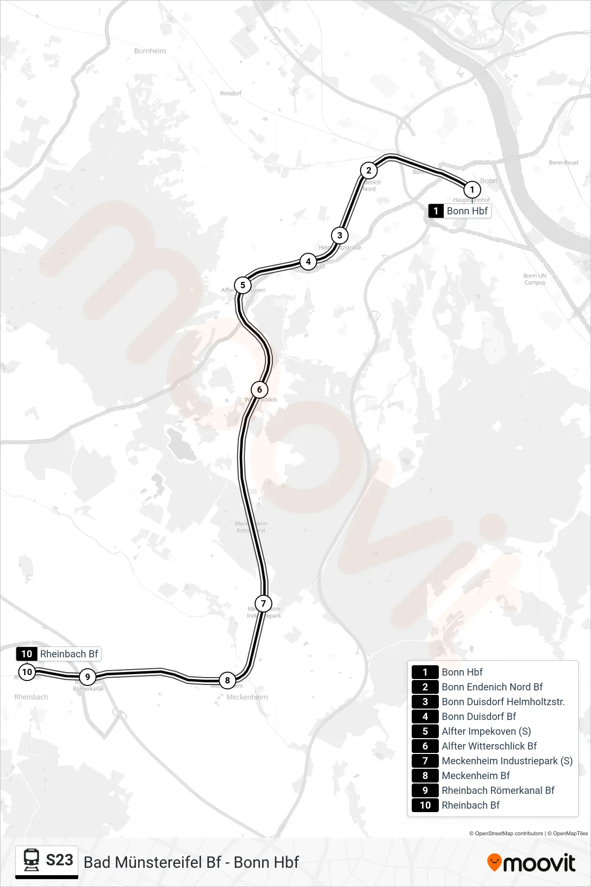 Linie S23 (Bahn) Richtung Rheinbach Bf: Route und Haltestellen auf der Karte