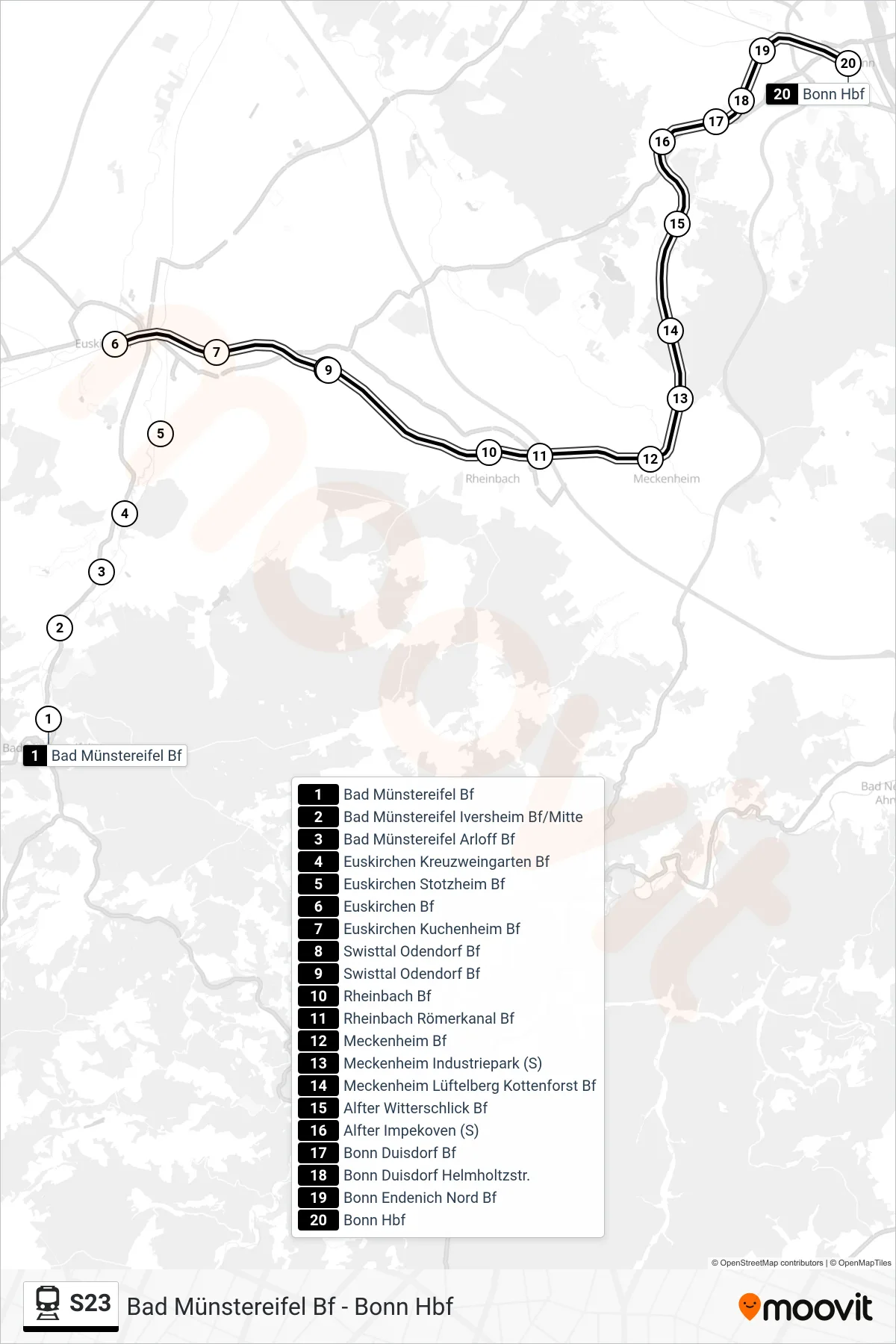 Linie S23 (Bahn) Richtung Bonn Hbf: Route und Haltestellen auf der Karte