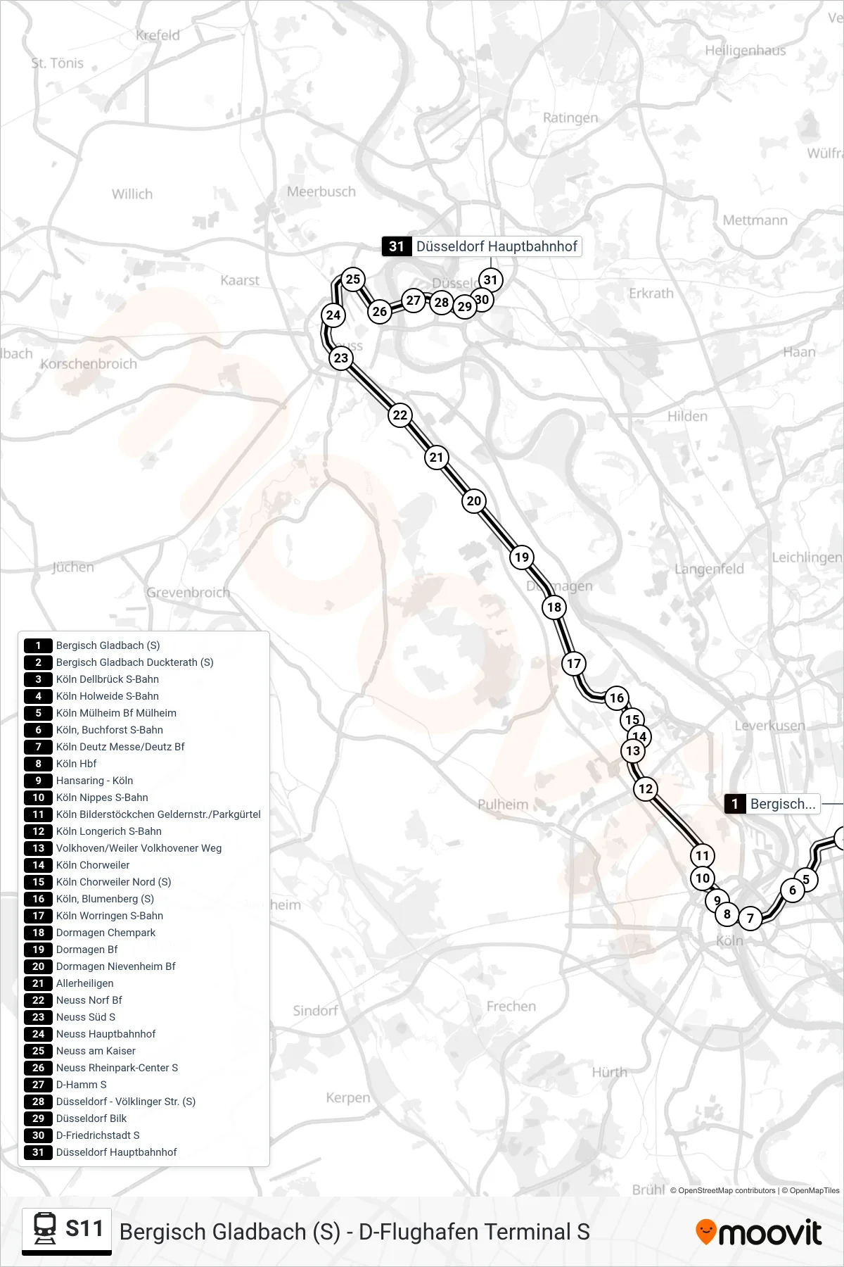 S11 train Line (Düsseldorf Hbf) route and stops on a map