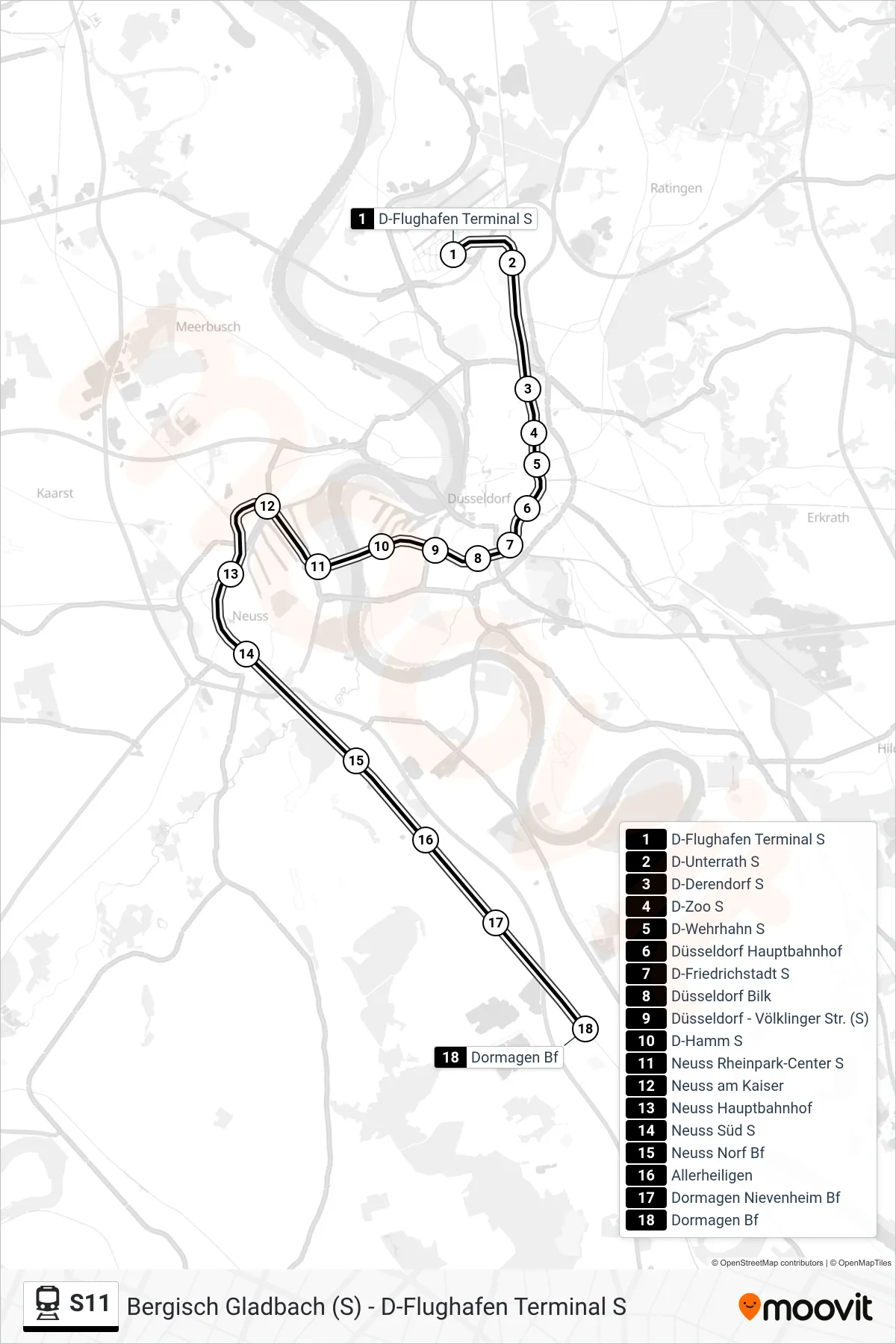 Linie S11 (Bahn) Richtung Dormagen Bf: Route und Haltestellen auf der Karte