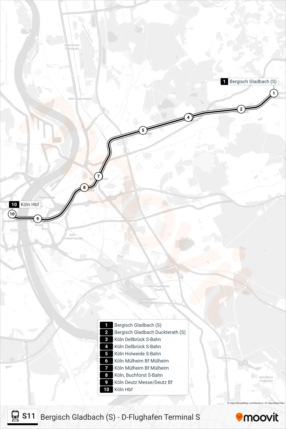 S11 train Line (Köln Hbf) route and stops on a map