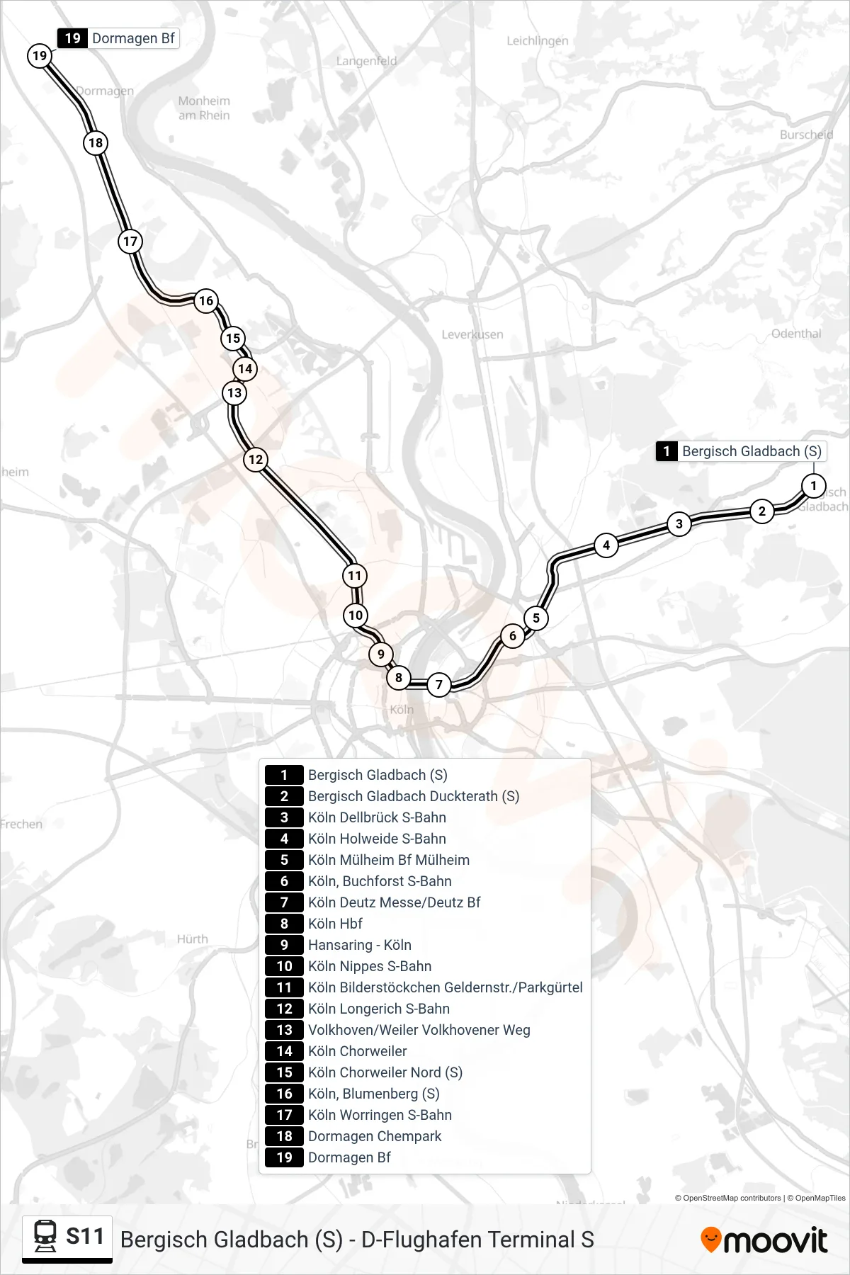 S11 train Line (Dormagen Bf) route and stops on a map