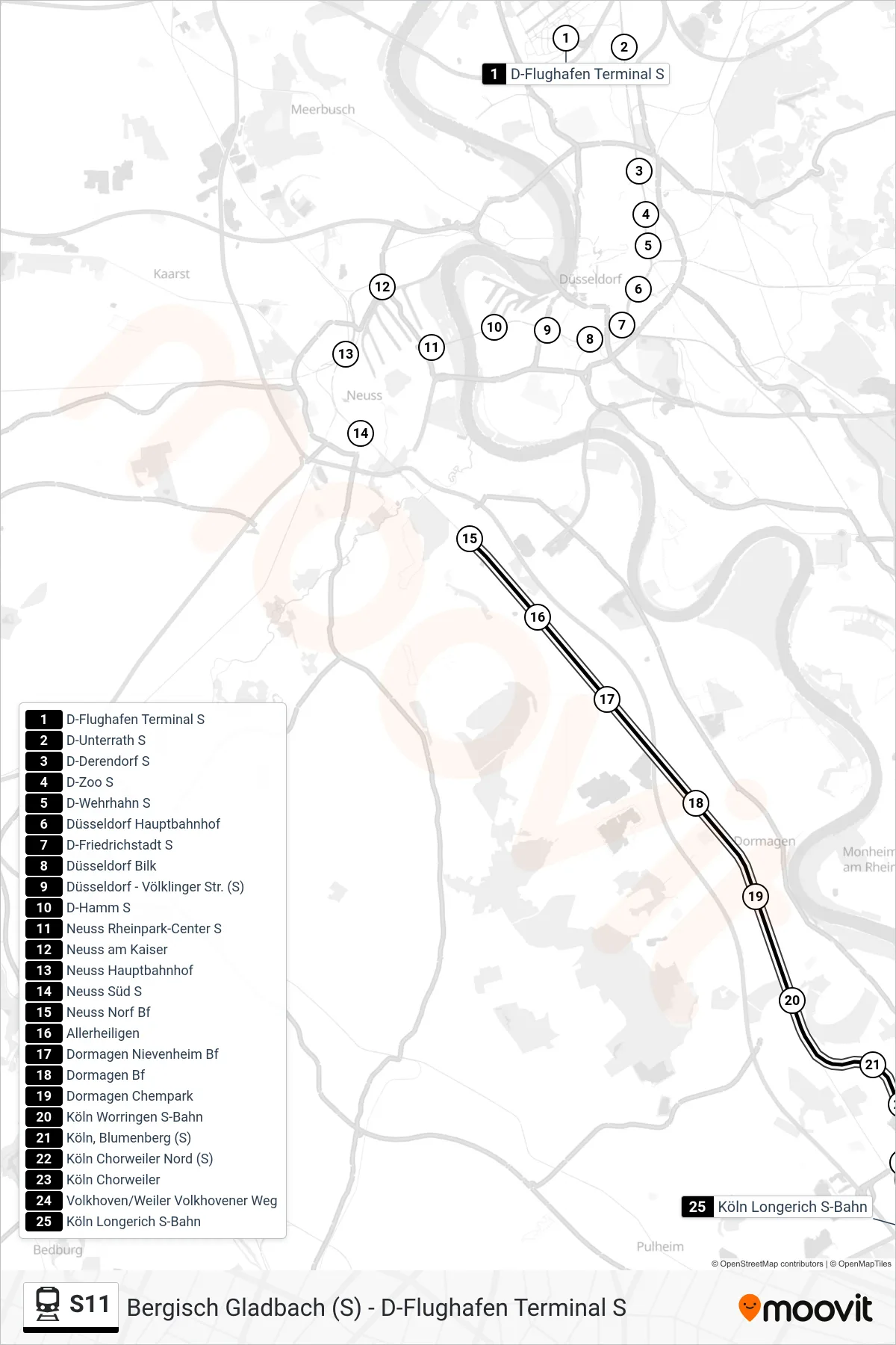 S11 train Line (Köln Longerich S-Bahn) route and stops on a map