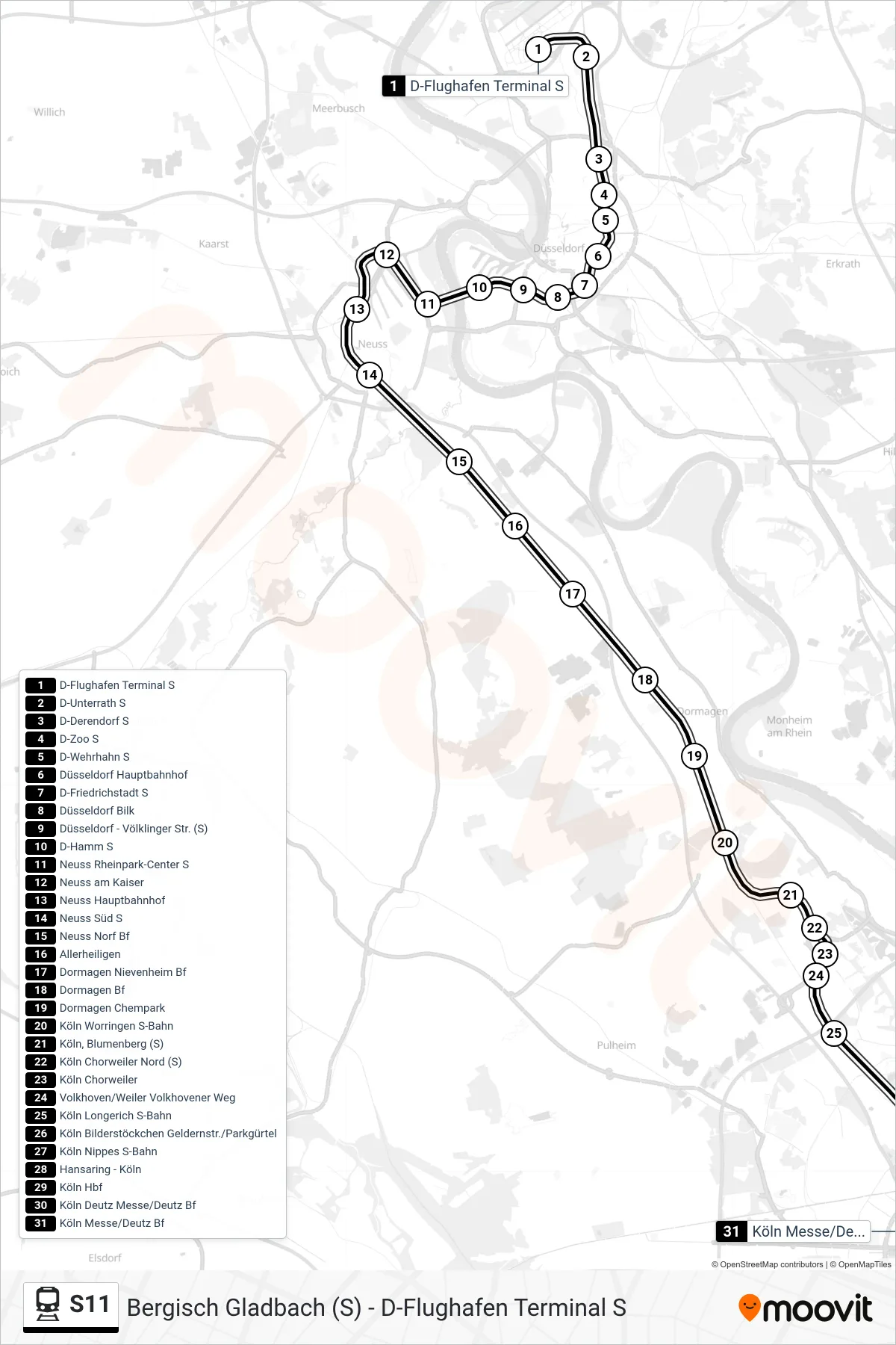 S11 train Line (Köln Messe/Deutz Bf) route and stops on a map