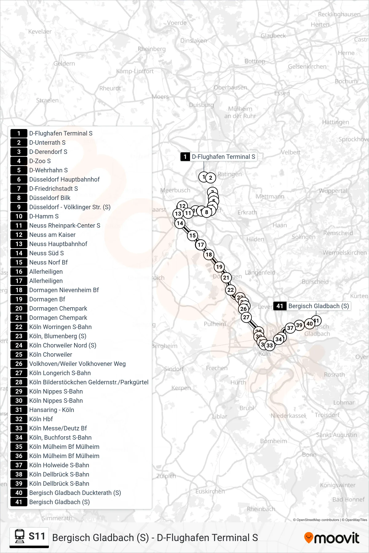 S11 train Line (Bergisch Gladbach (S)) route and stops on a map