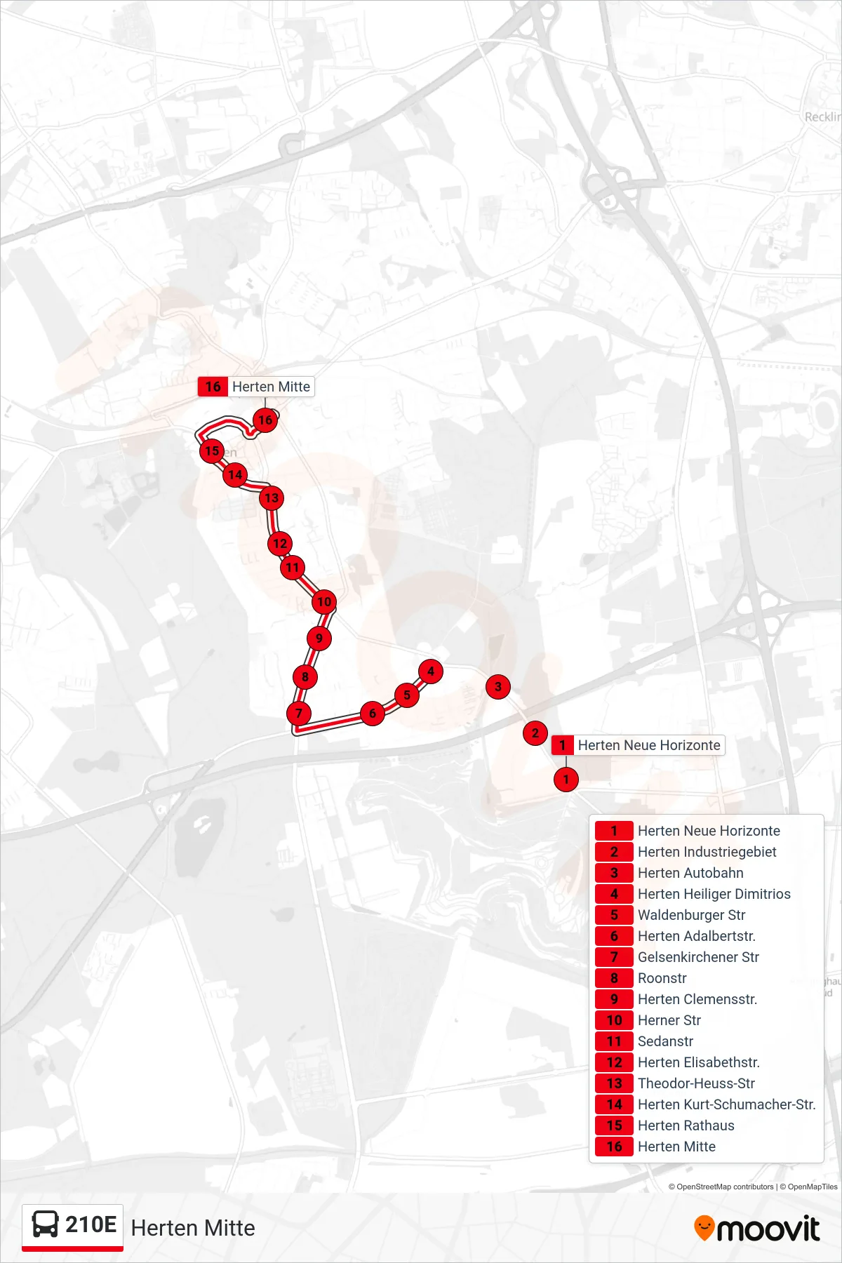 Linie 210E (Bus) Richtung Herten Mitte: Route und Haltestellen auf der Karte