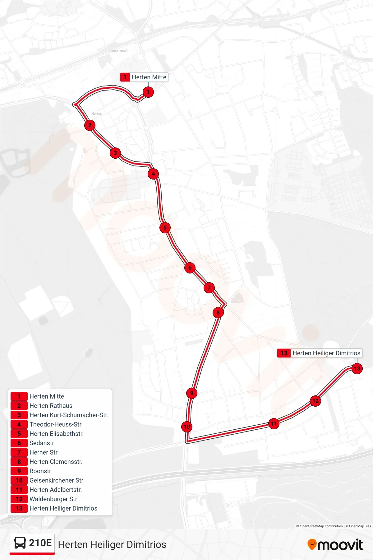 Linie 210E (Bus) Richtung Herten Heiliger Dimitrios: Route und Haltestellen auf der Karte