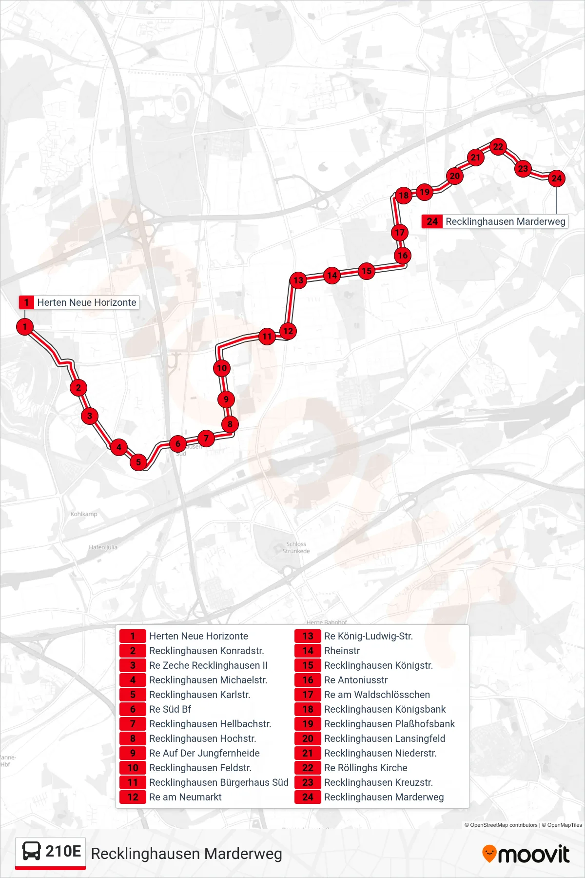 Linie 210E (Bus) Richtung Recklinghausen Marderweg: Route und Haltestellen auf der Karte