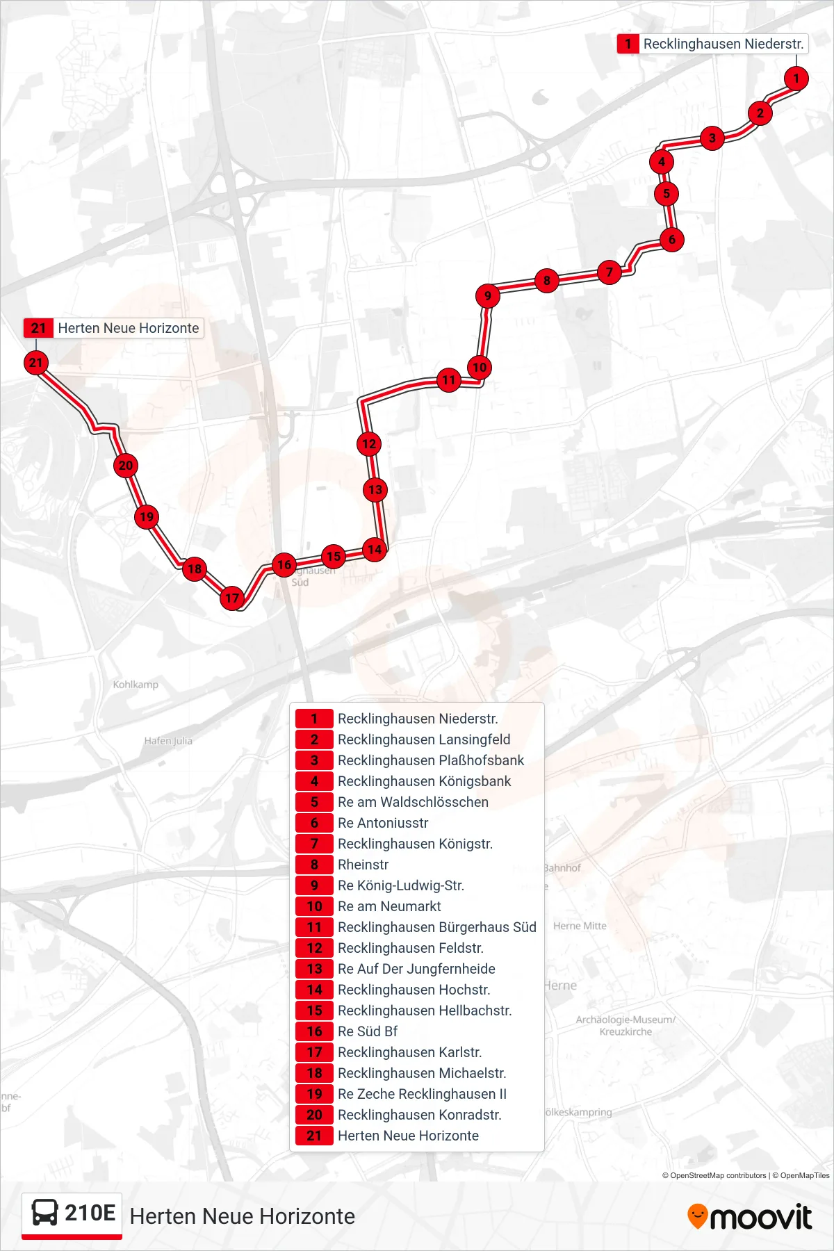 Linie 210E (Bus) Richtung Herten Neue Horizonte: Route und Haltestellen auf der Karte