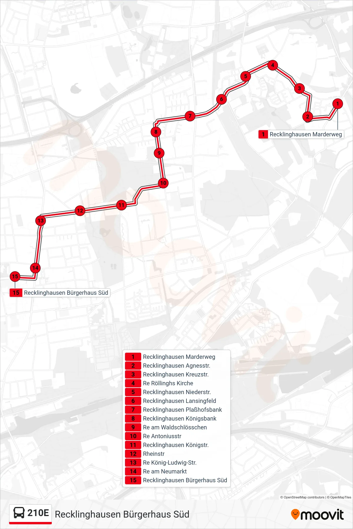 Linie 210E (Bus) Richtung Recklinghausen Bürgerhaus Süd: Route und Haltestellen auf der Karte