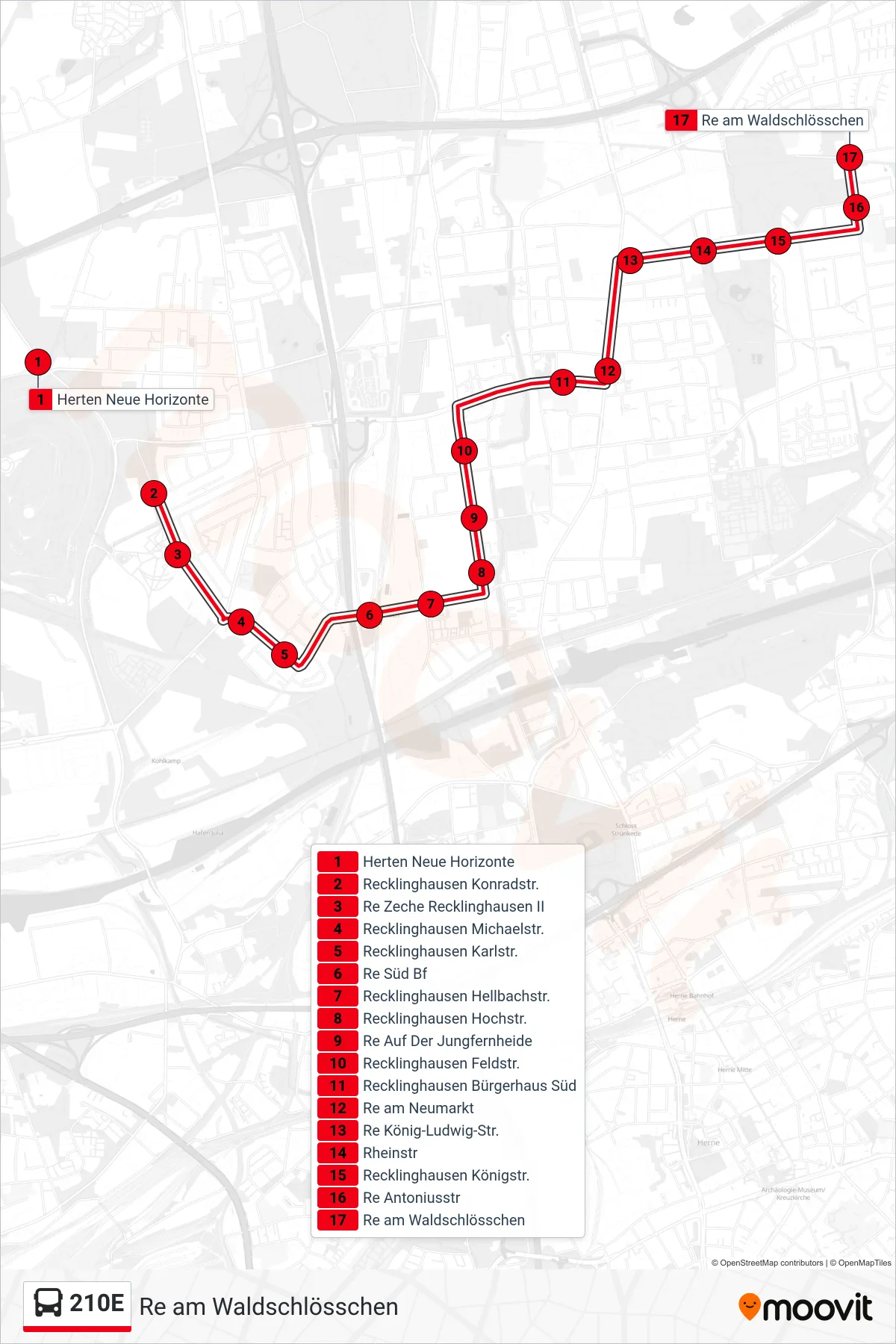 Linie 210E (Bus) Richtung Re am Waldschlösschen: Route und Haltestellen auf der Karte
