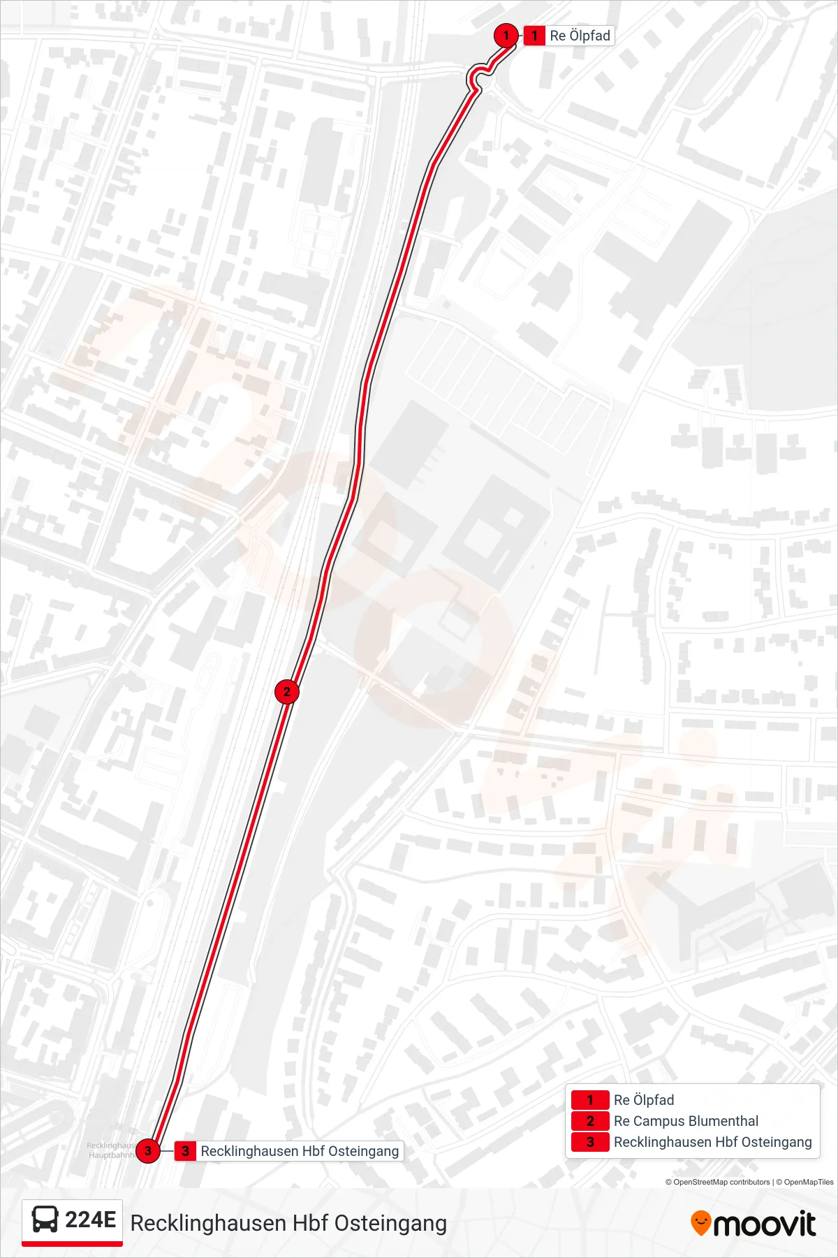 Linie 224E (Bus) Richtung Recklinghausen Hbf Osteingang: Route und Haltestellen auf der Karte