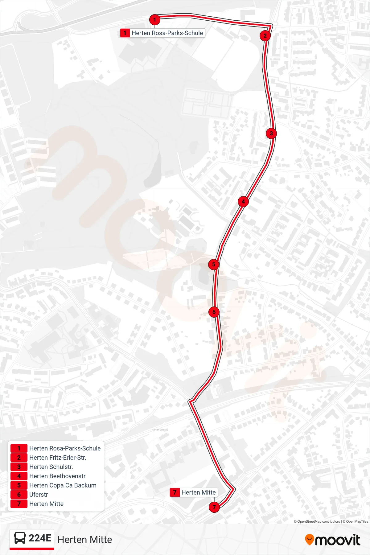 Linie 224E (Bus) Richtung Herten Mitte: Route und Haltestellen auf der Karte