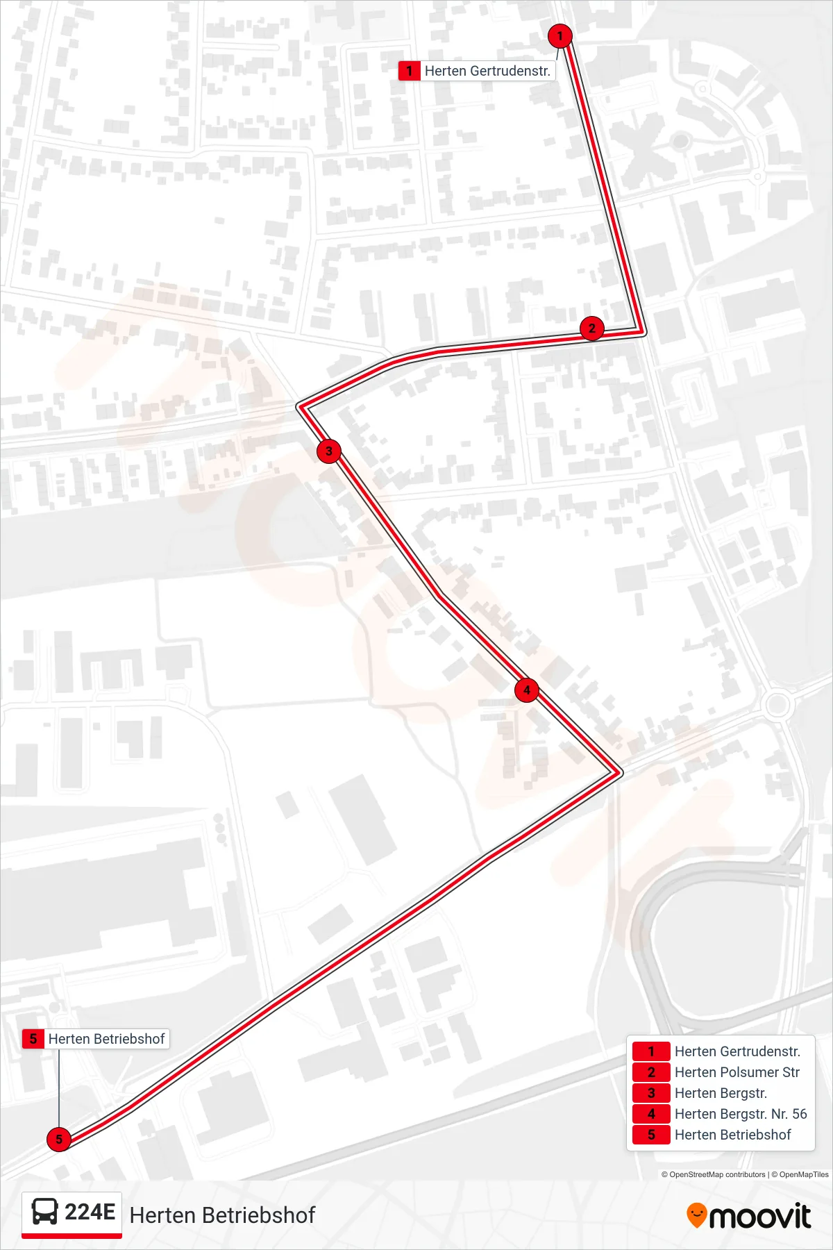 224E bus Line (Herten Betriebshof) route and stops on a map
