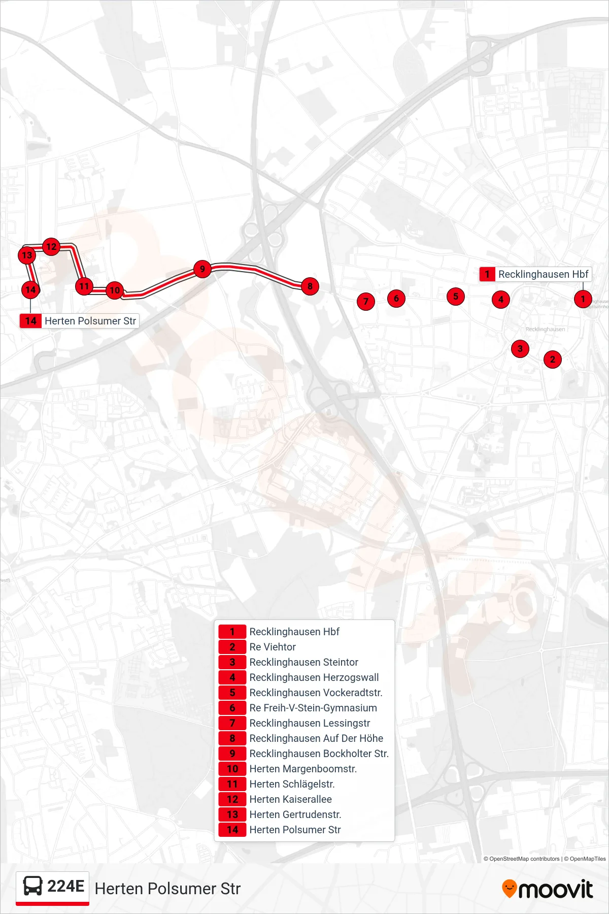 Linie 224E (Bus) Richtung Herten Polsumer Str: Route und Haltestellen auf der Karte