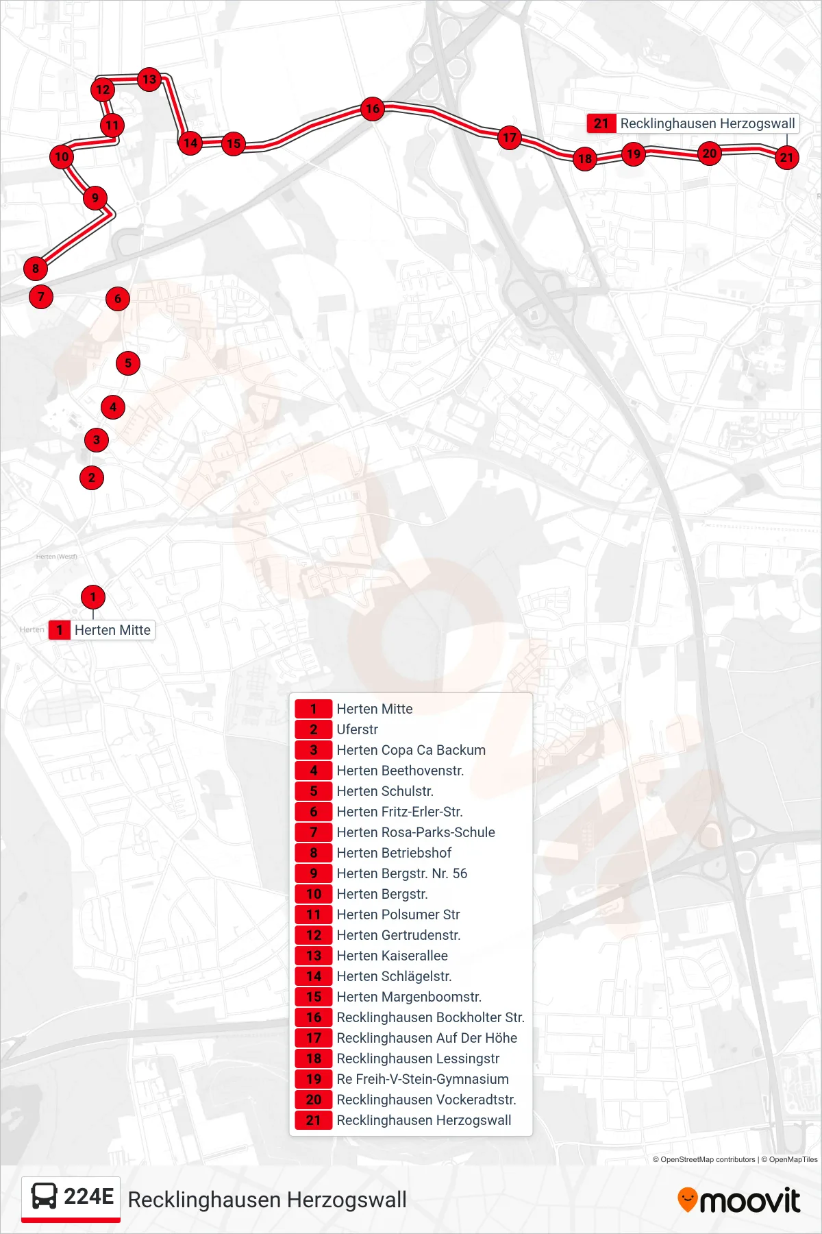 224E bus Line (Recklinghausen Herzogswall) route and stops on a map