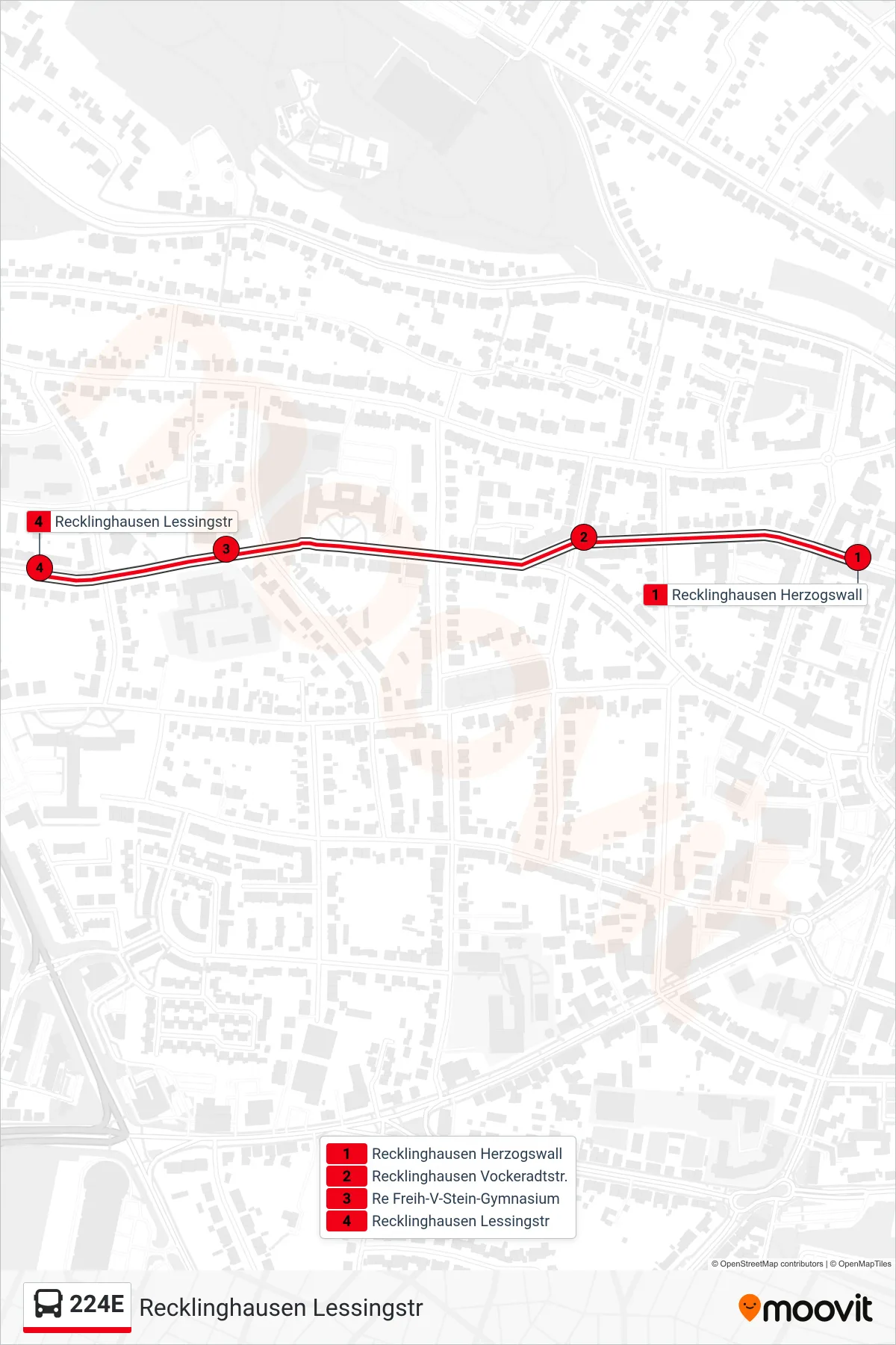 Linie 224E (Bus) Richtung Recklinghausen Lessingstr: Route und Haltestellen auf der Karte