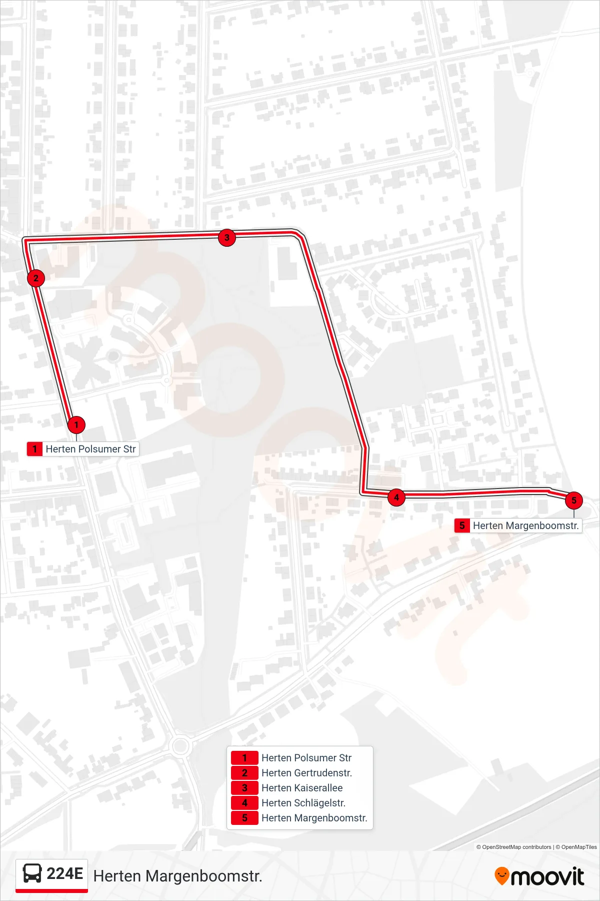 Linie 224E (Bus) Richtung Herten Margenboomstr.: Route und Haltestellen auf der Karte