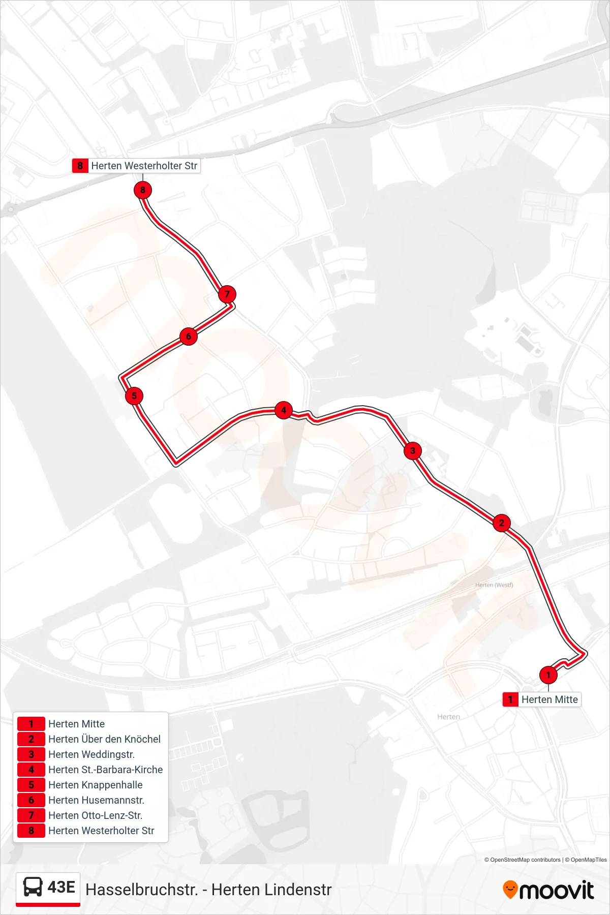 Linie 43E (Bus) Richtung Herten Westerholter Str: Route und Haltestellen auf der Karte