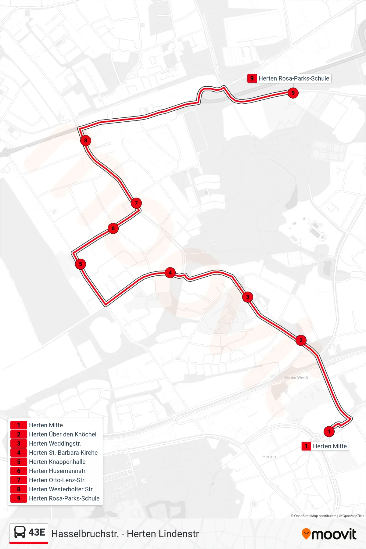 43E bus Line (Herten Rosa-Parks-Schule) route and stops on a map