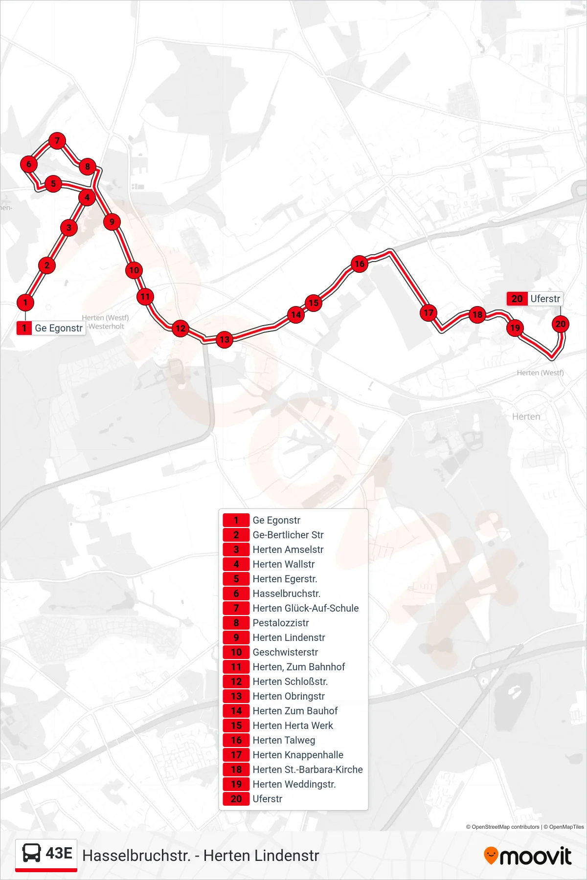 Linie 43E (Bus) Richtung Uferstr: Route und Haltestellen auf der Karte
