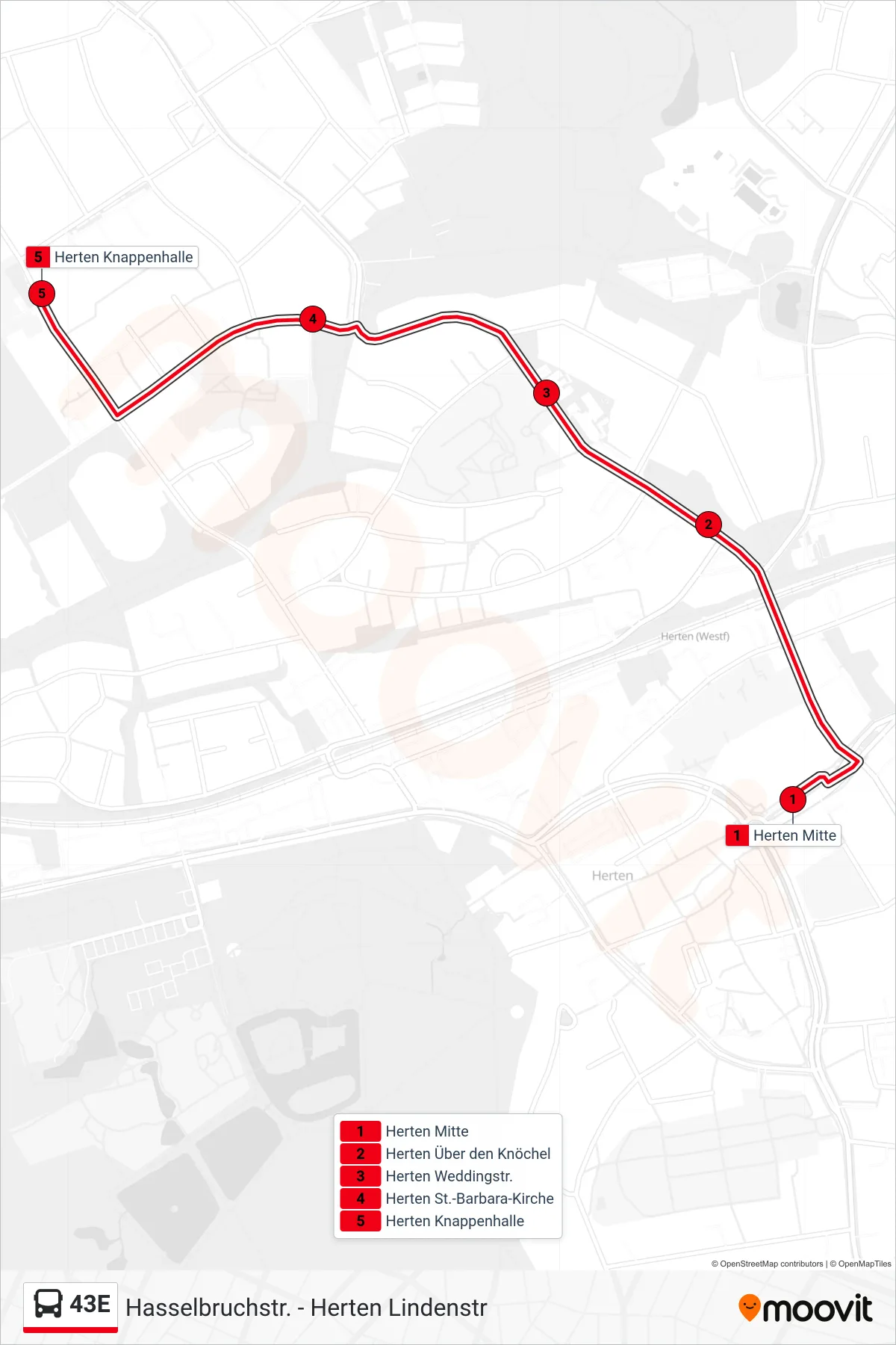 Linie 43E (Bus) Richtung Herten Knappenhalle: Route und Haltestellen auf der Karte