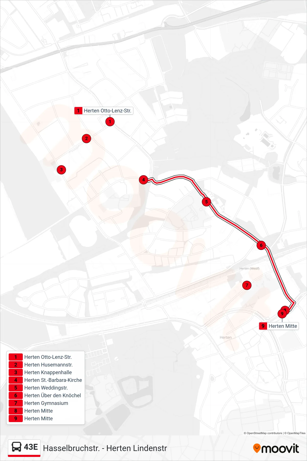 Linie 43E (Bus) Richtung Herten Mitte: Route und Haltestellen auf der Karte