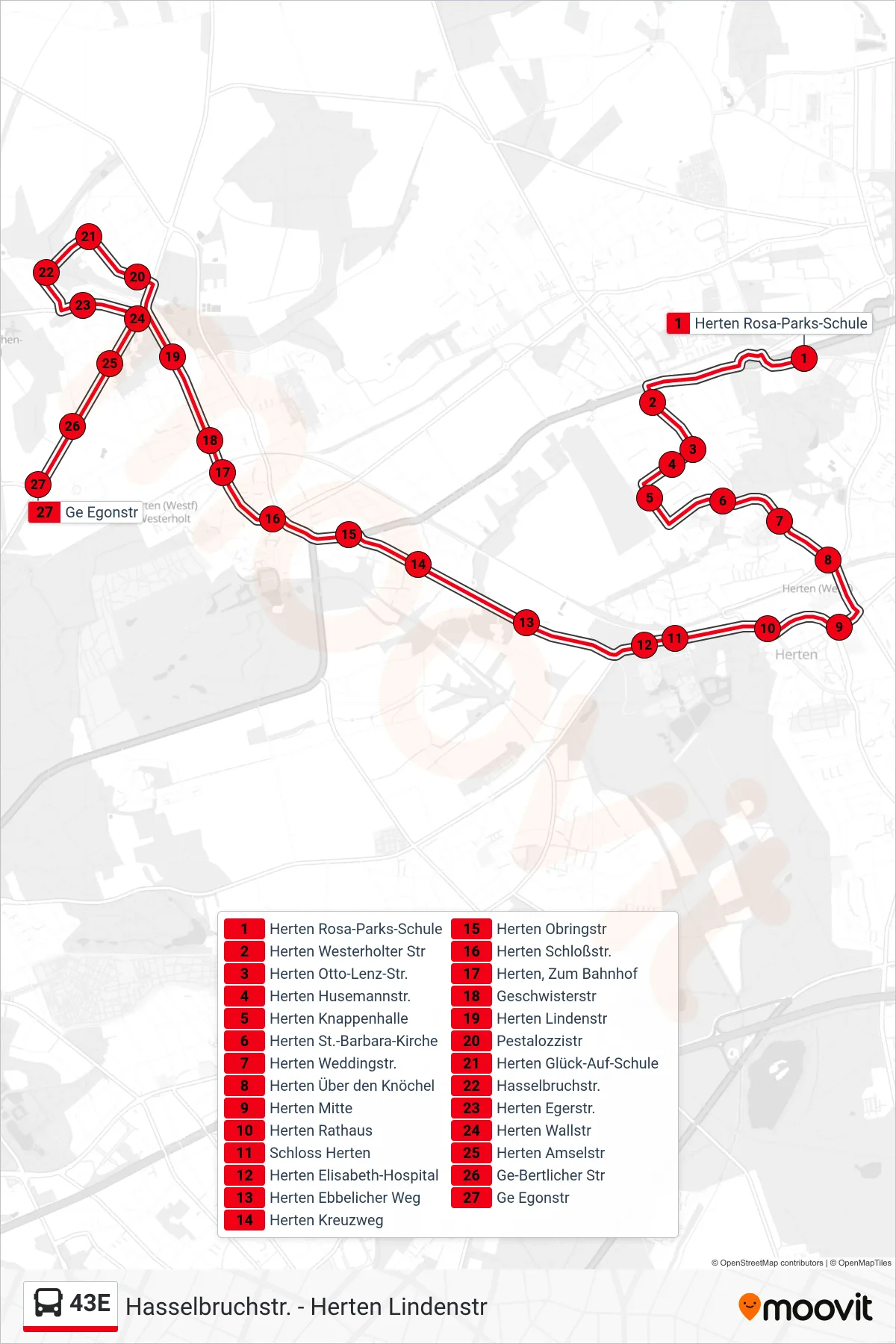 43E bus Line (Ge Egonstr) route and stops on a map