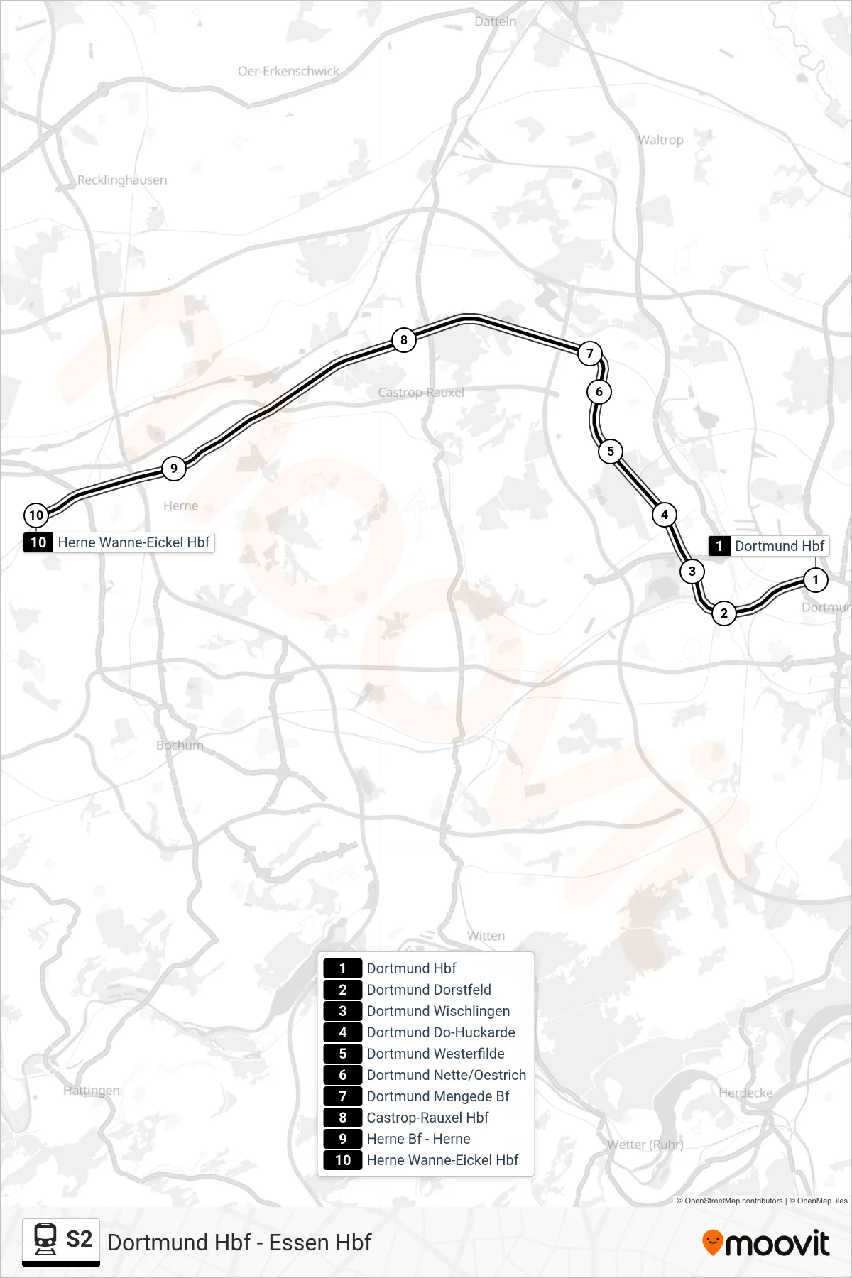 Linie S2 (Bahn) Richtung Herne Wanne-Eickel Hbf: Route und Haltestellen auf der Karte