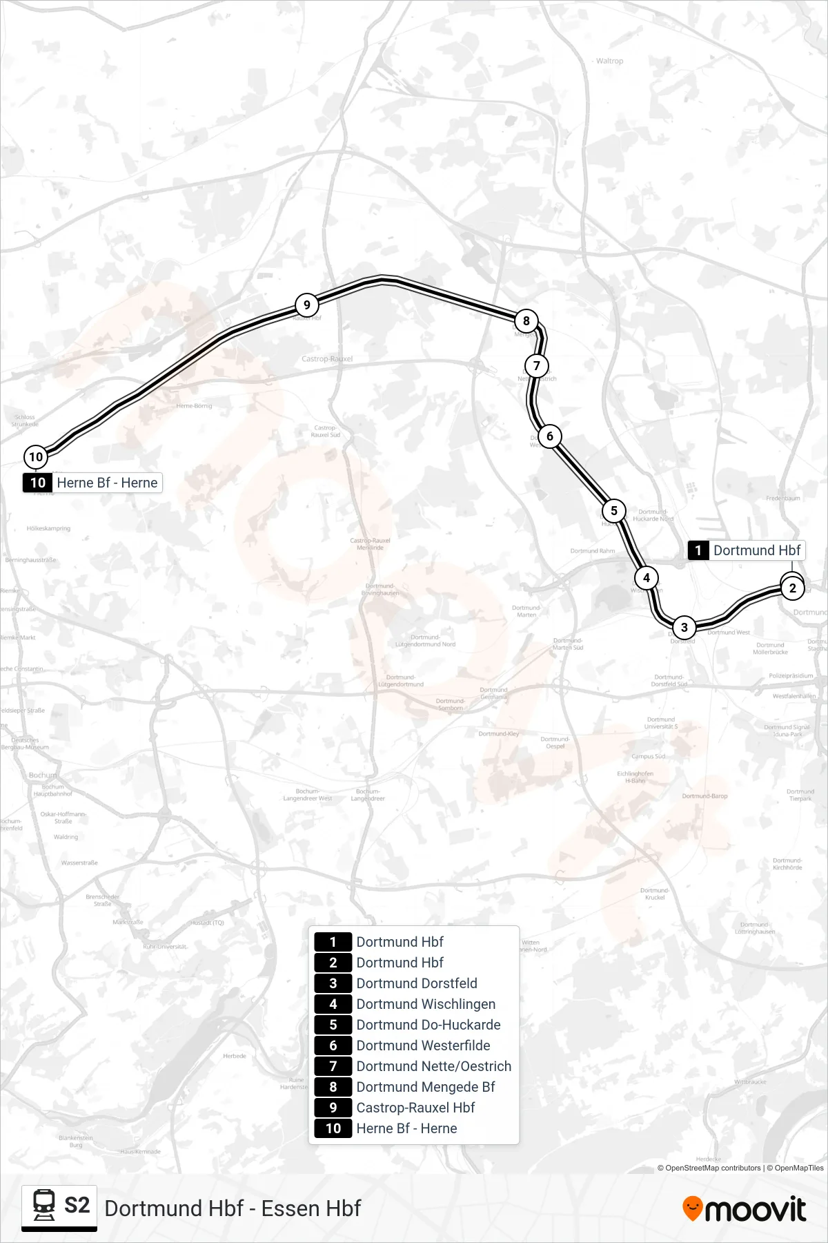 Linie S2 (Bahn) Richtung Herne Bf: Route und Haltestellen auf der Karte