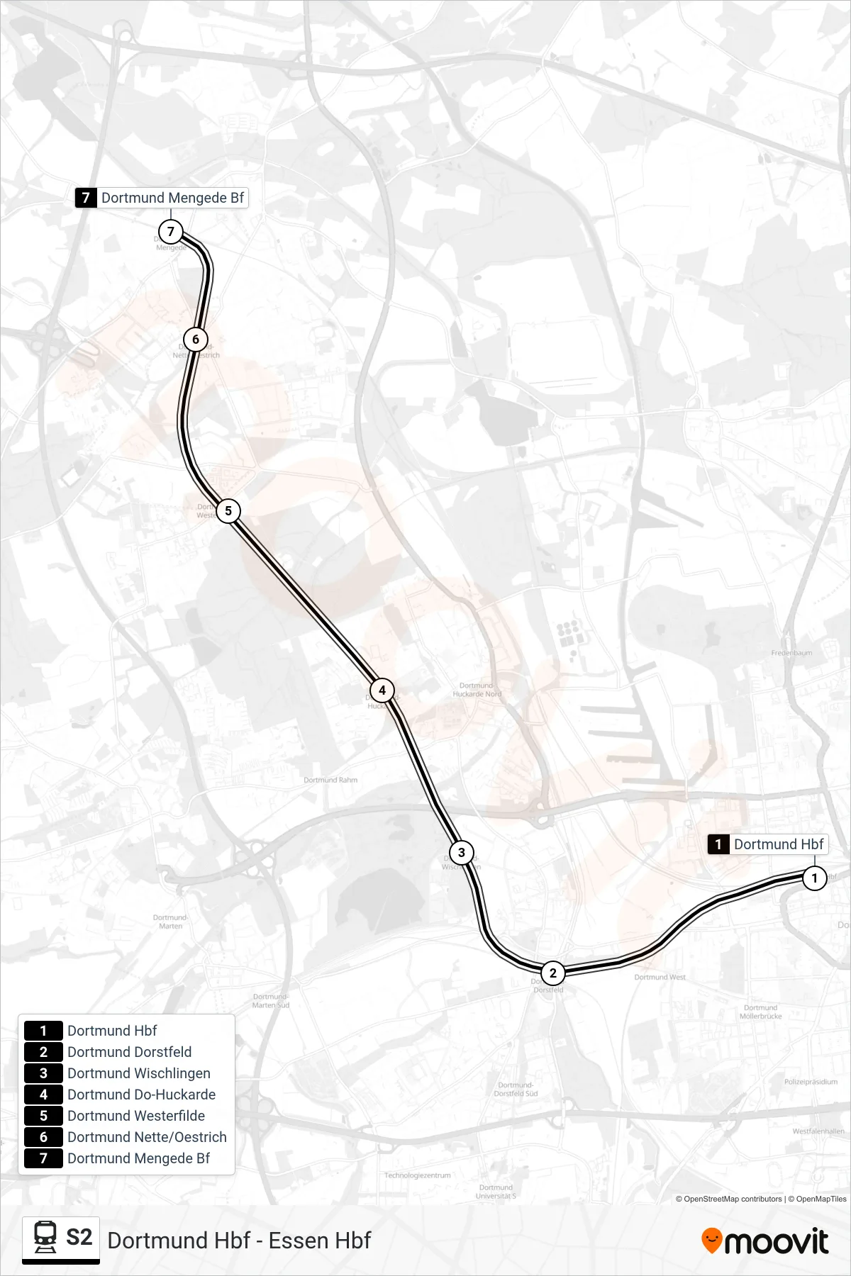 S2 train Line (Dortmund Mengede Bf) route and stops on a map