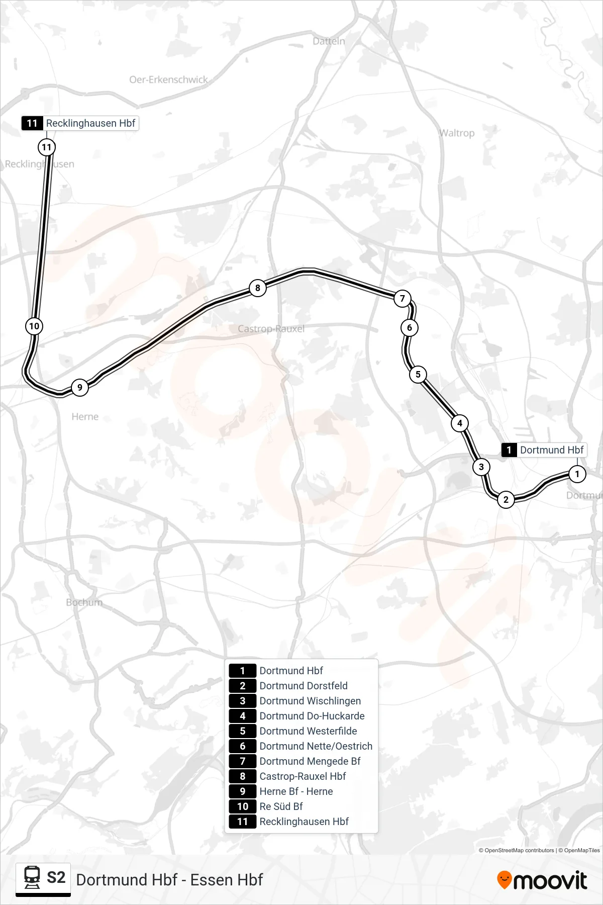 S2 train Line (Recklinghausen Hbf) route and stops on a map