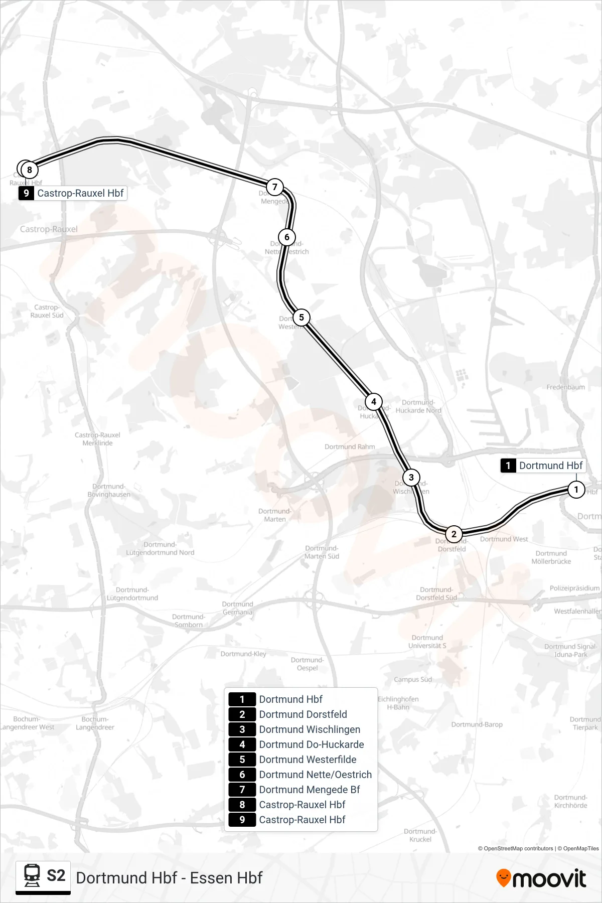 Linie S2 (Bahn) Richtung Castrop-Rauxel Hbf: Route und Haltestellen auf der Karte