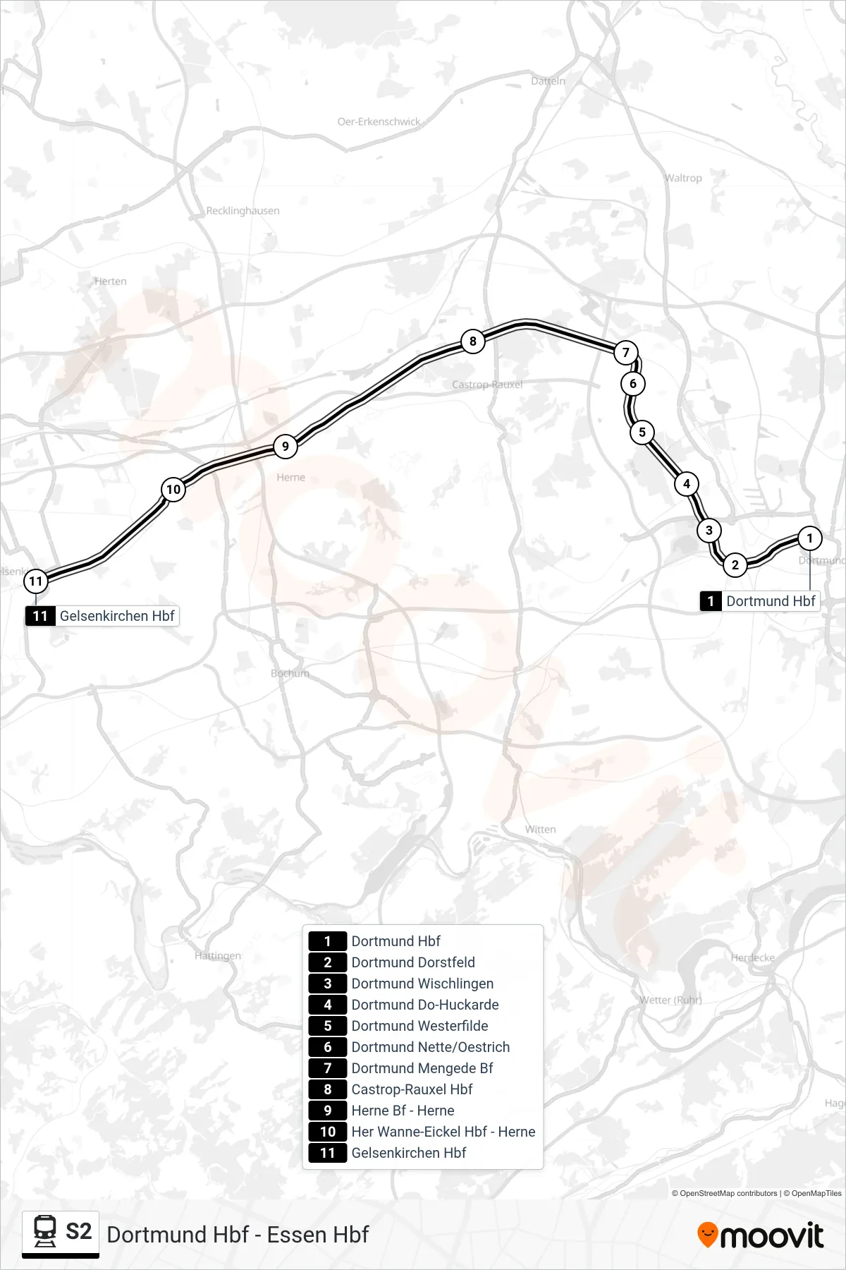 S2 train Line (Gelsenkirchen Hbf) route and stops on a map
